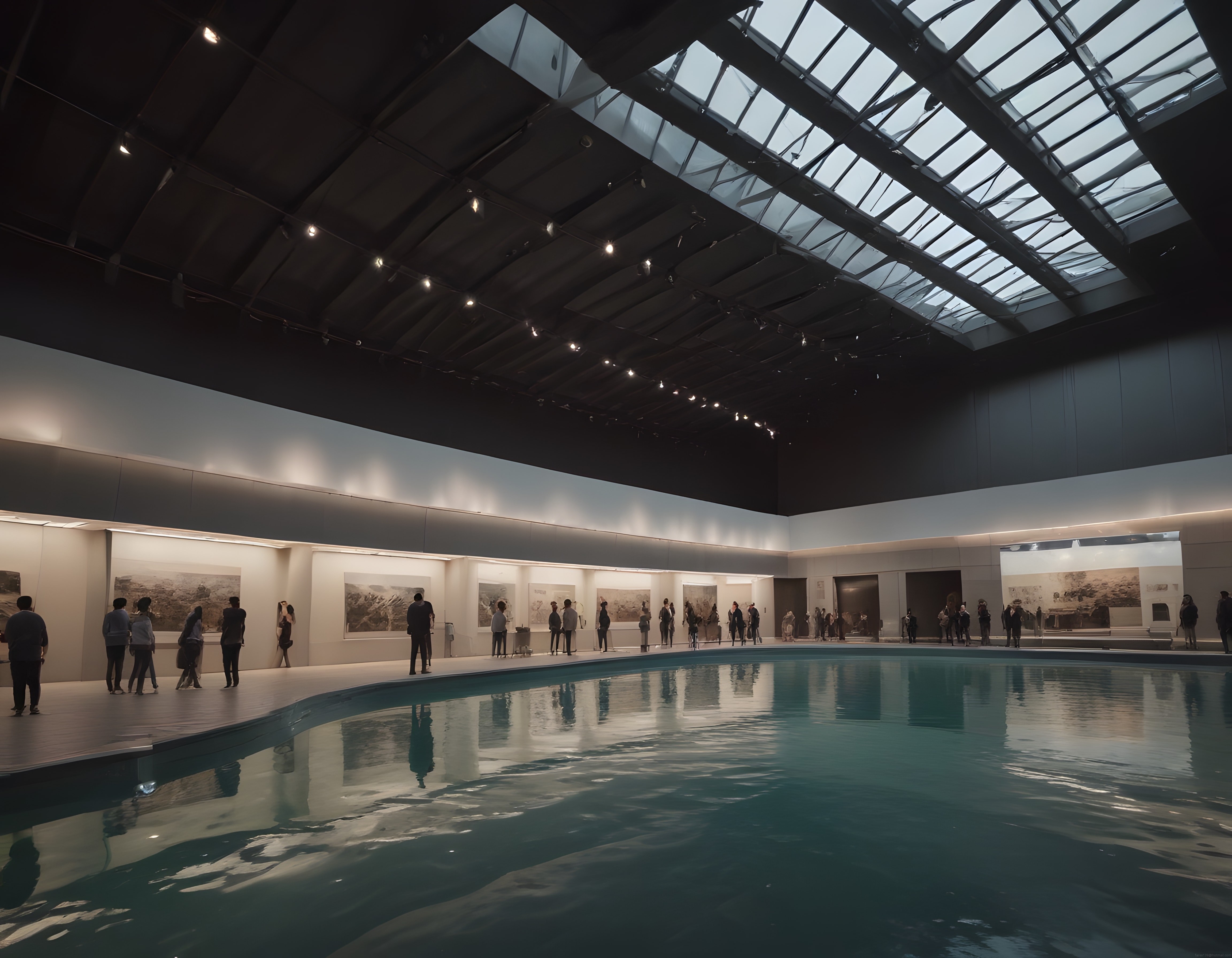 Kemerli Cam Tavanlı Müze Salonunda Geniş Havuz ve Sanat Galerisi
