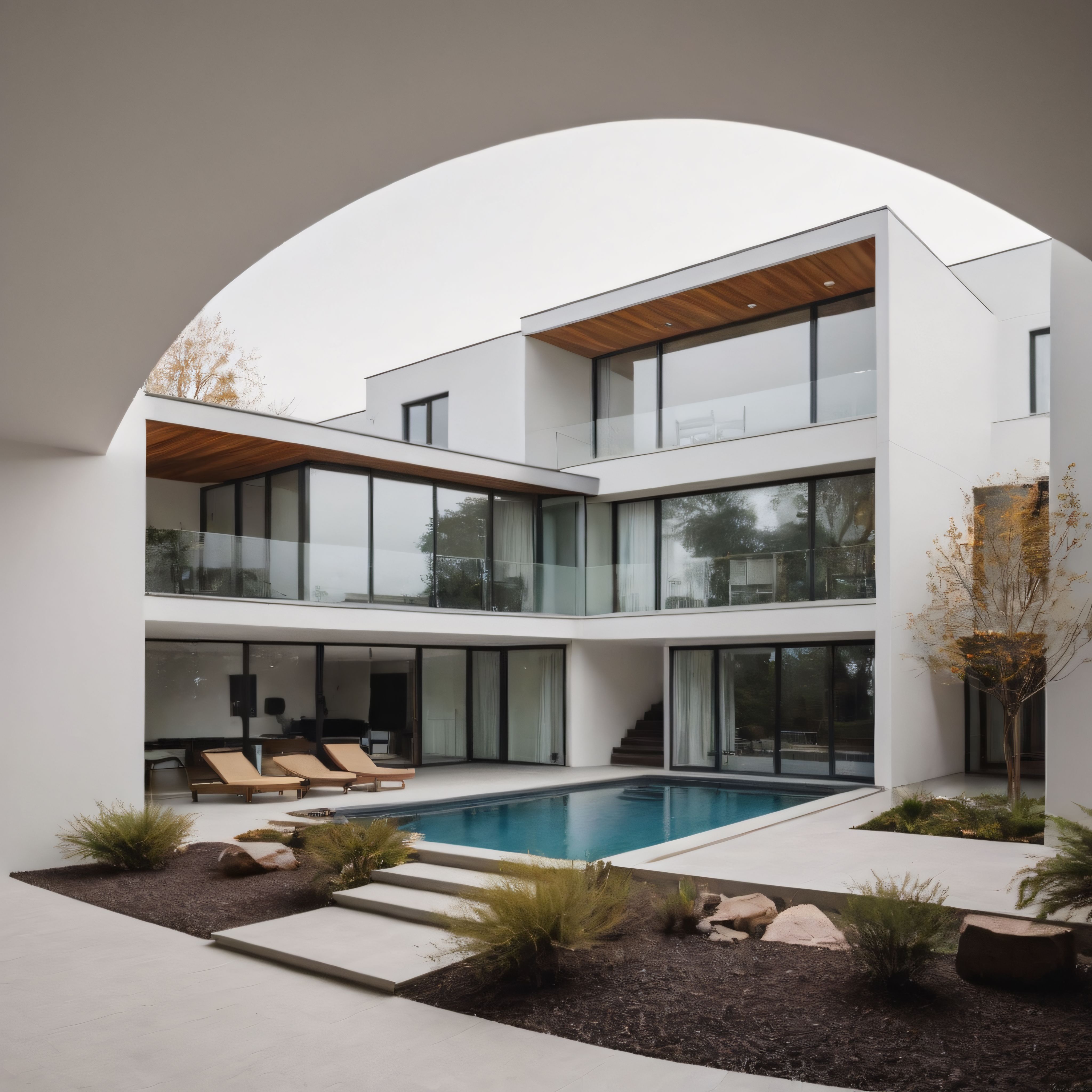 Kemerli Çerçeveden Beyaz Modern Villa, Havuzlu İç Bahçe ve Cam Cepheli Mimari