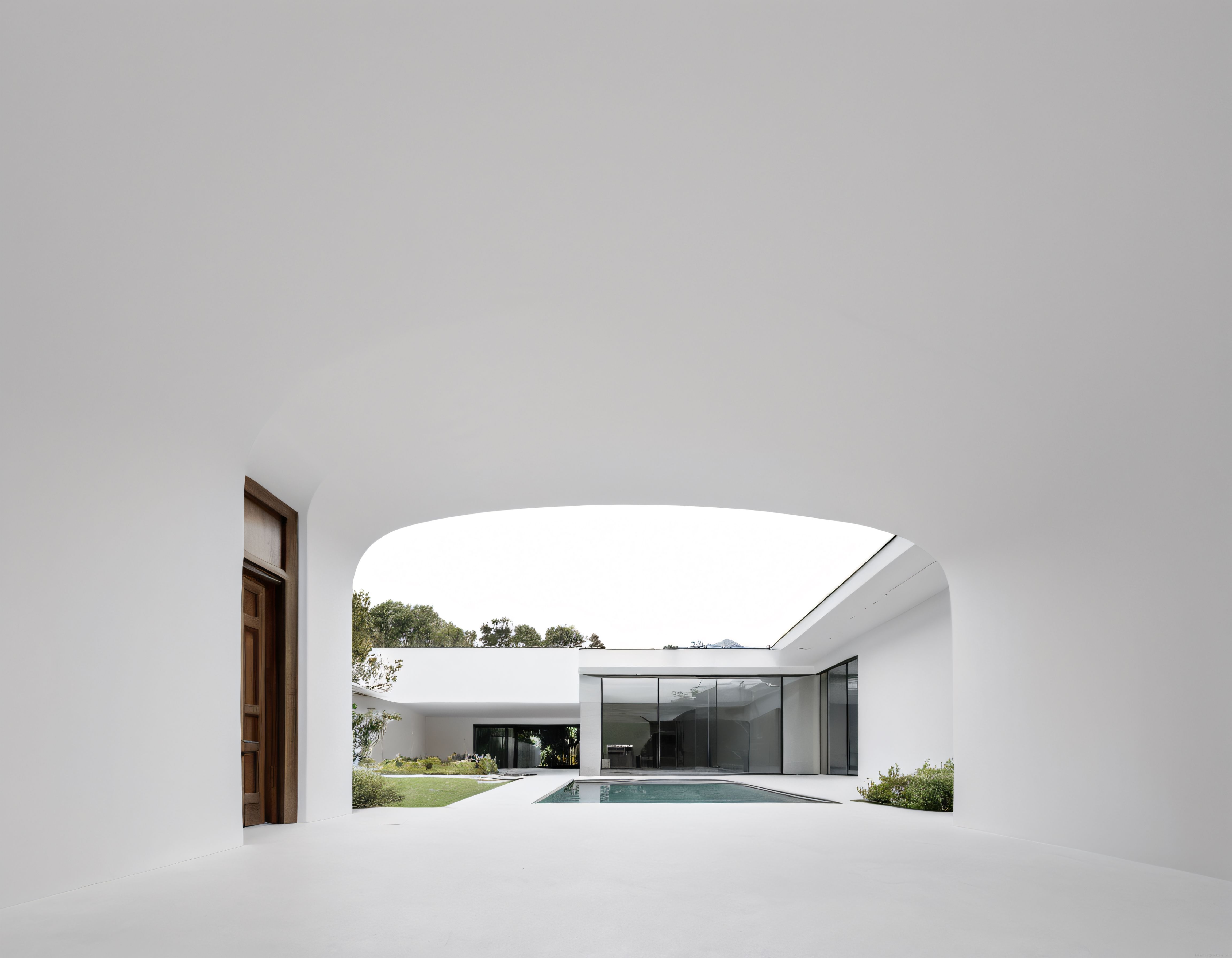 Kemerli Girişten Açılan Minimalist Beyaz Villa İç Avlusu ve Yüzme Havuzu