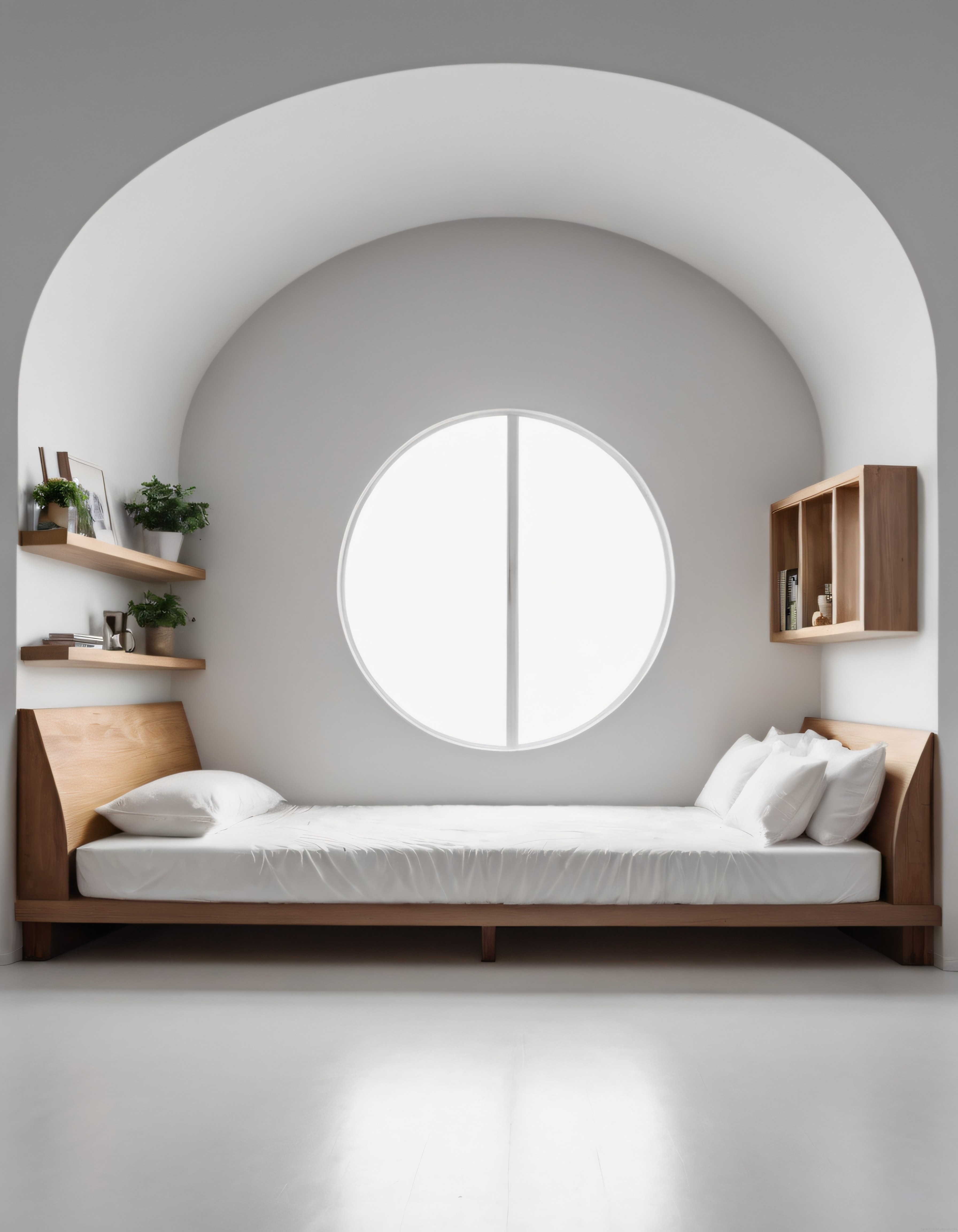 Kemerli nişte ahşap yatak, yuvarlak pencere ve minimalist yatak odası