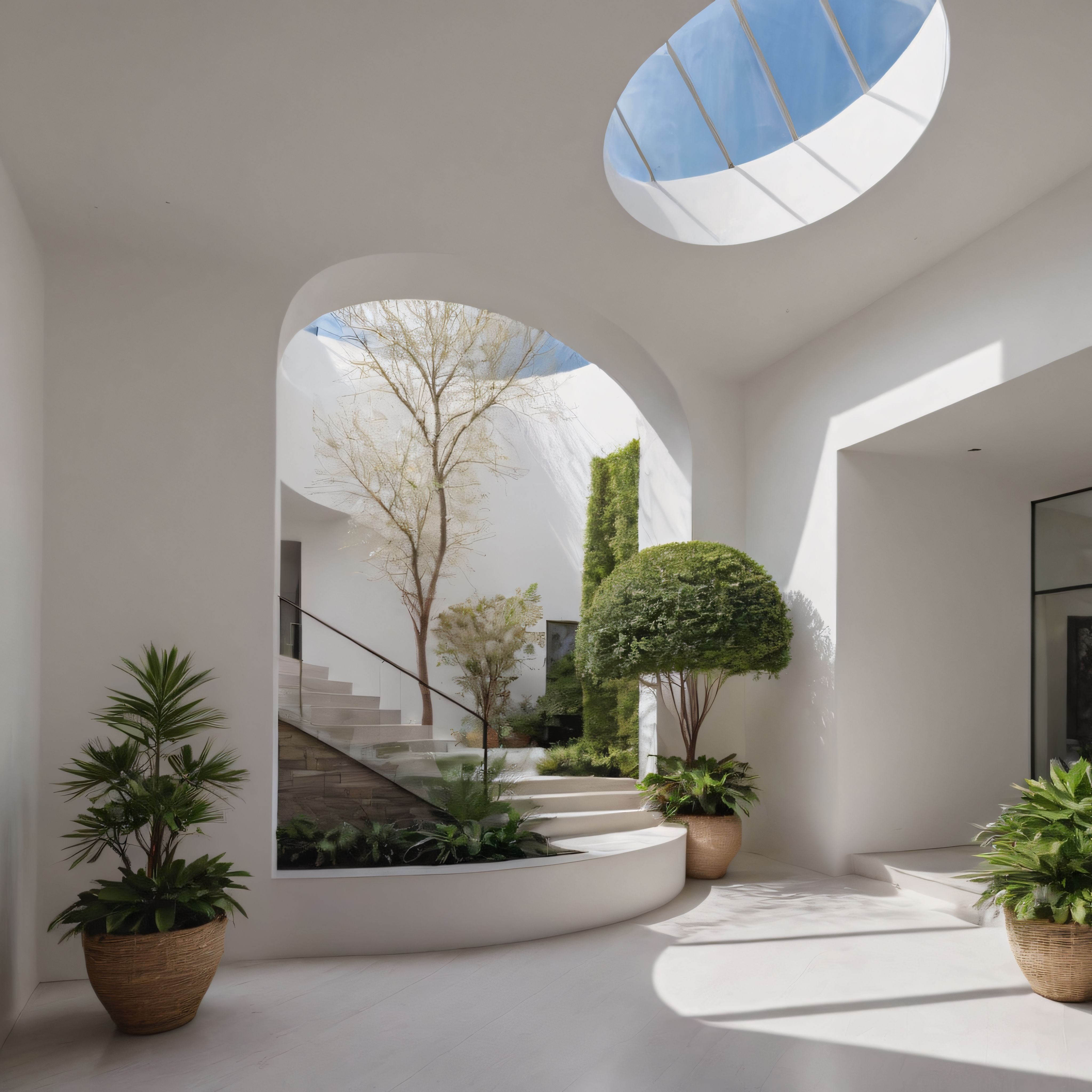 Kemerli Pencereler ve Doğal Işıkla Bütünleşen Minimalist Beyaz İç Mimari