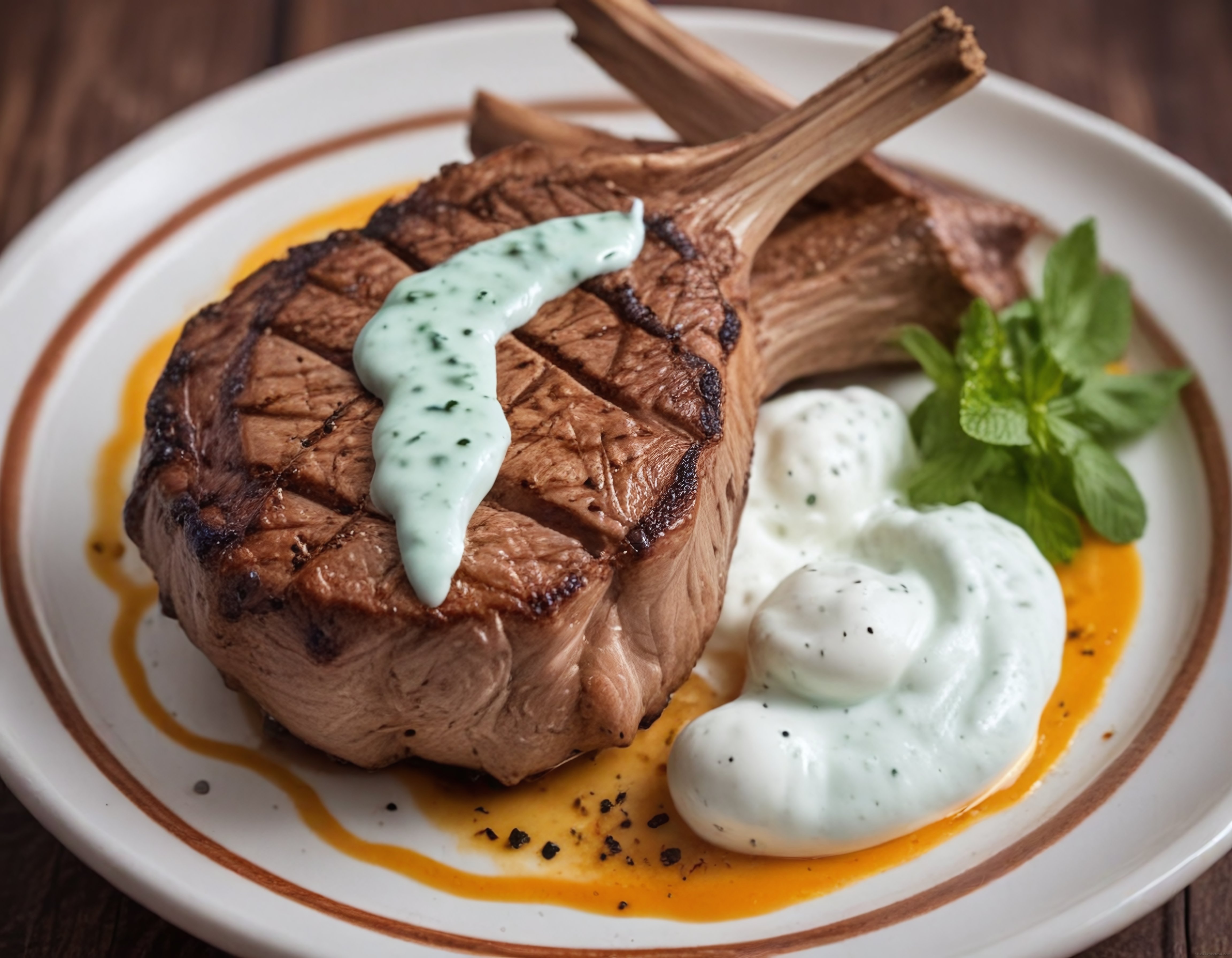 Kemikli kuzu pirzola, nane soslu yoğurt ve turuncu püre ile şık restoran sunumu