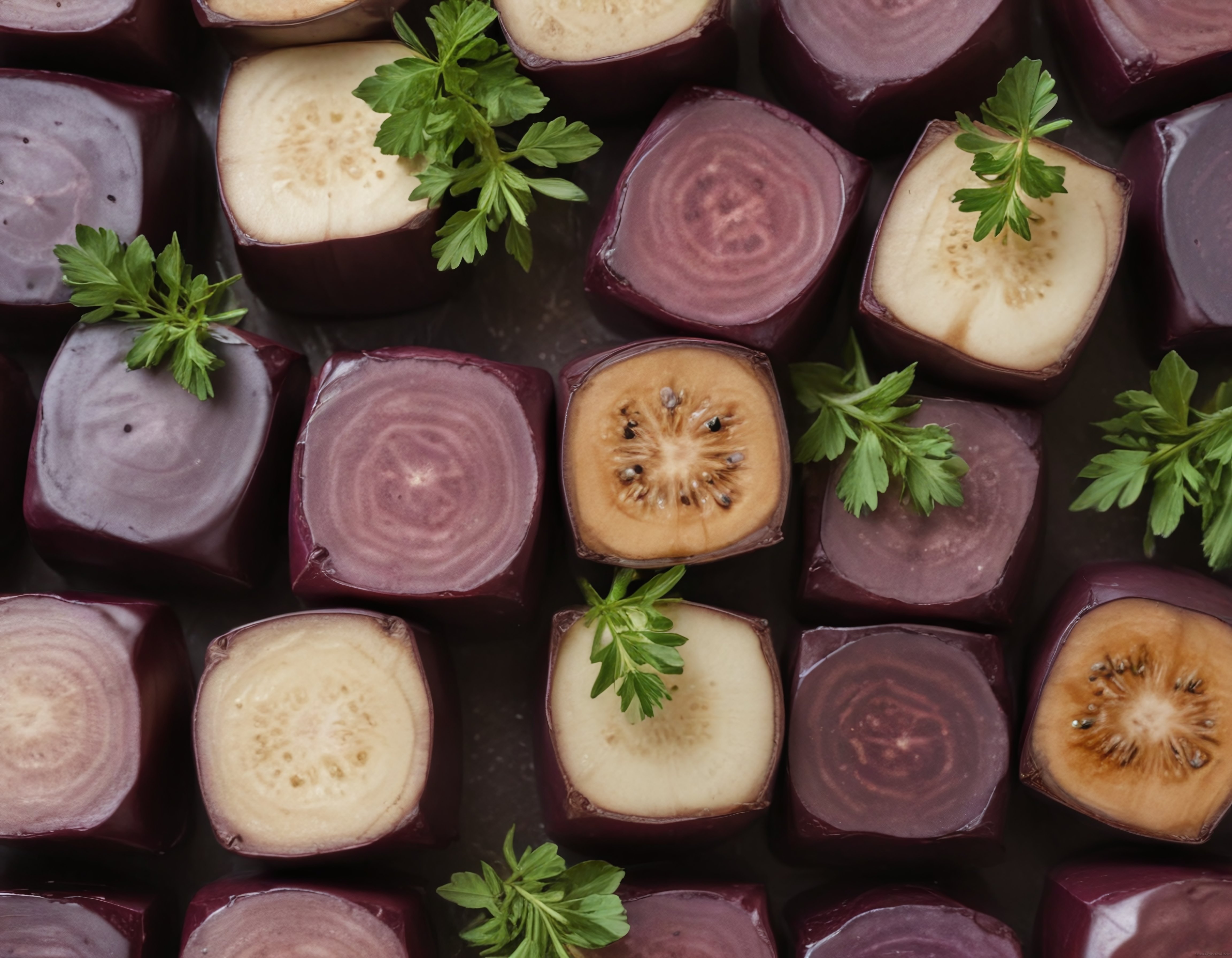 Kesilmiş Mor ve Beyaz Kök Sebzeler ile Maydanoz Süslemeli Sağlıklı Vegan Düzen