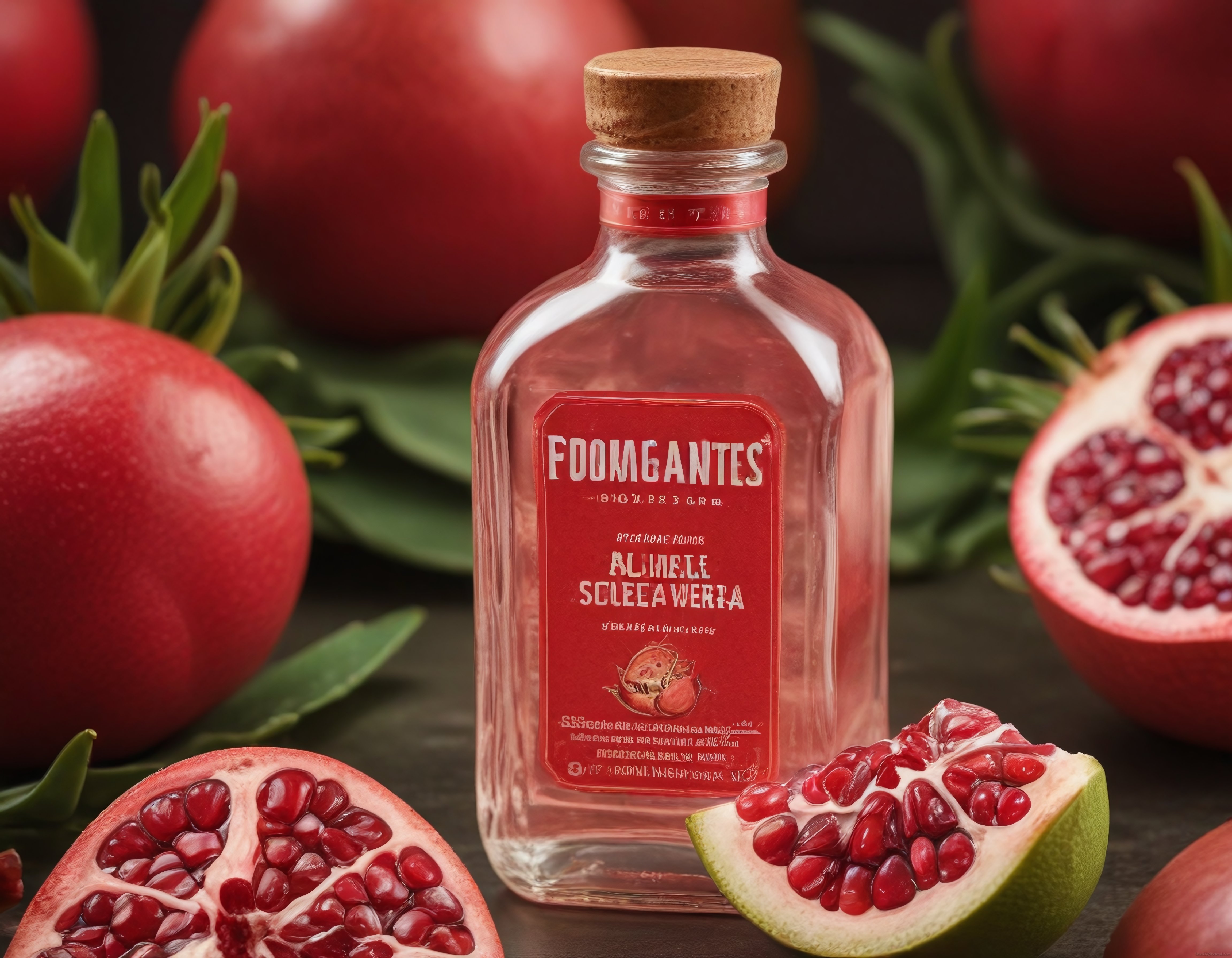 Kesilmiş Narlarla Çevrili Aromatik Cam Şişe ve Kırmızı Etiket Görseli