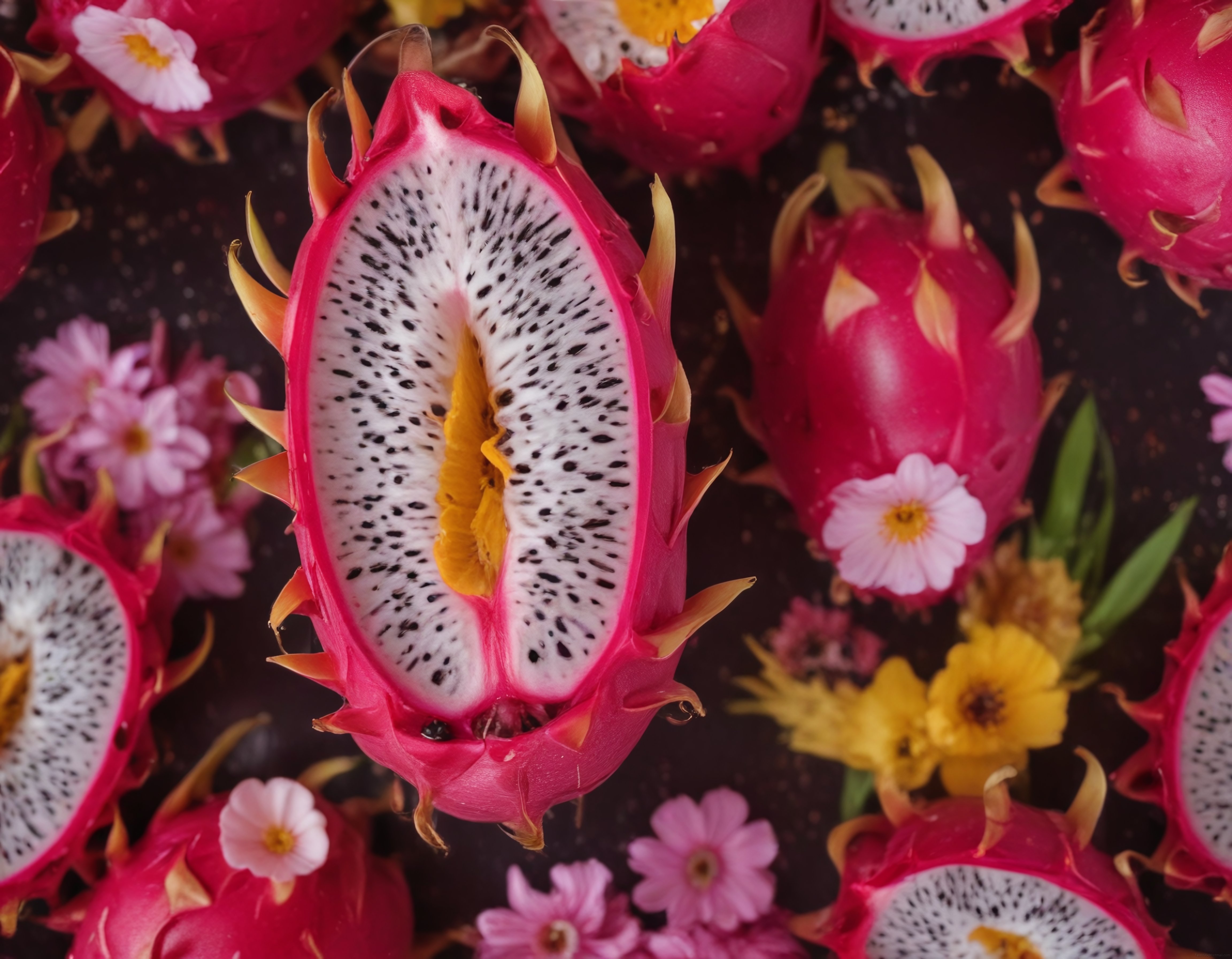 Kesilmiş Pitaya ve Tropikal Çiçeklerle Hazırlanmış Egzotik Meyve Sunumu