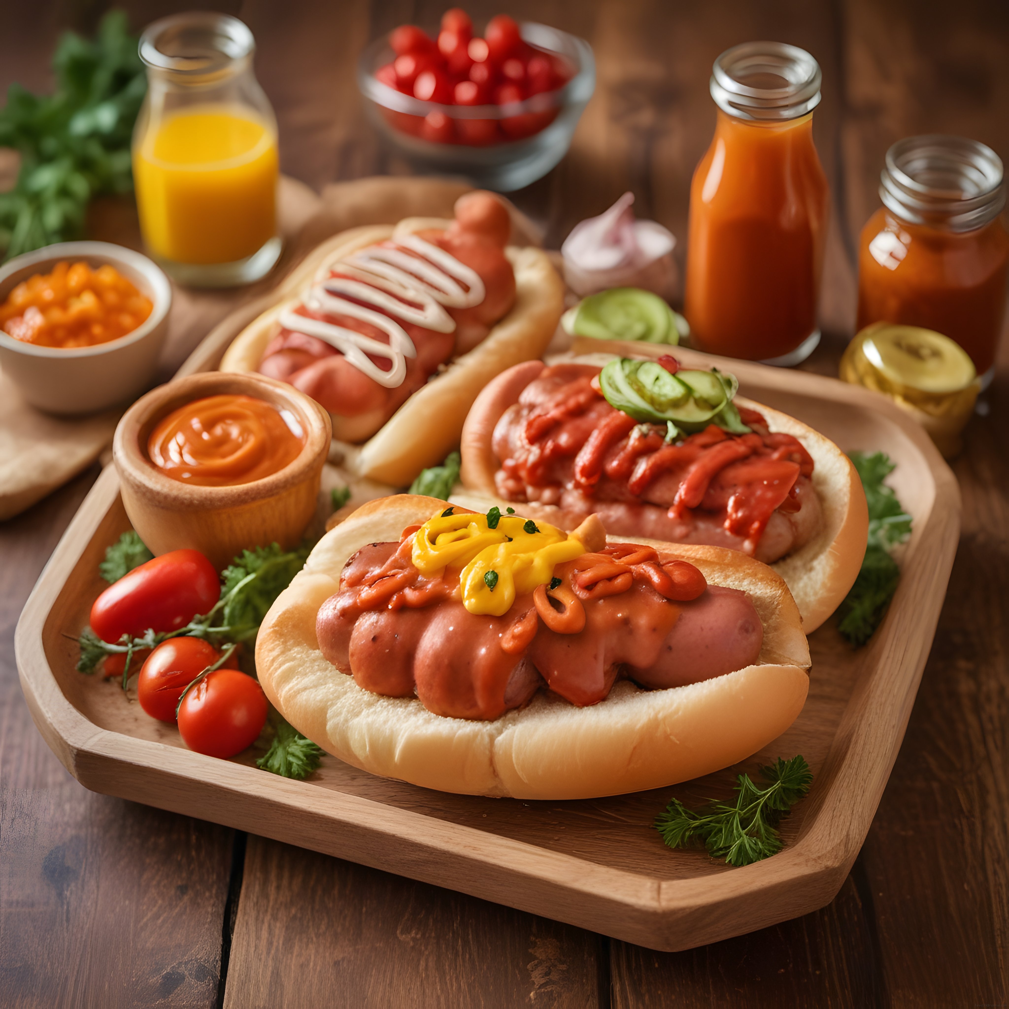 Ketçap, Hardal ve Mayonezle Süslenmiş Hot Dog Çeşitleri Ahşap Tepside