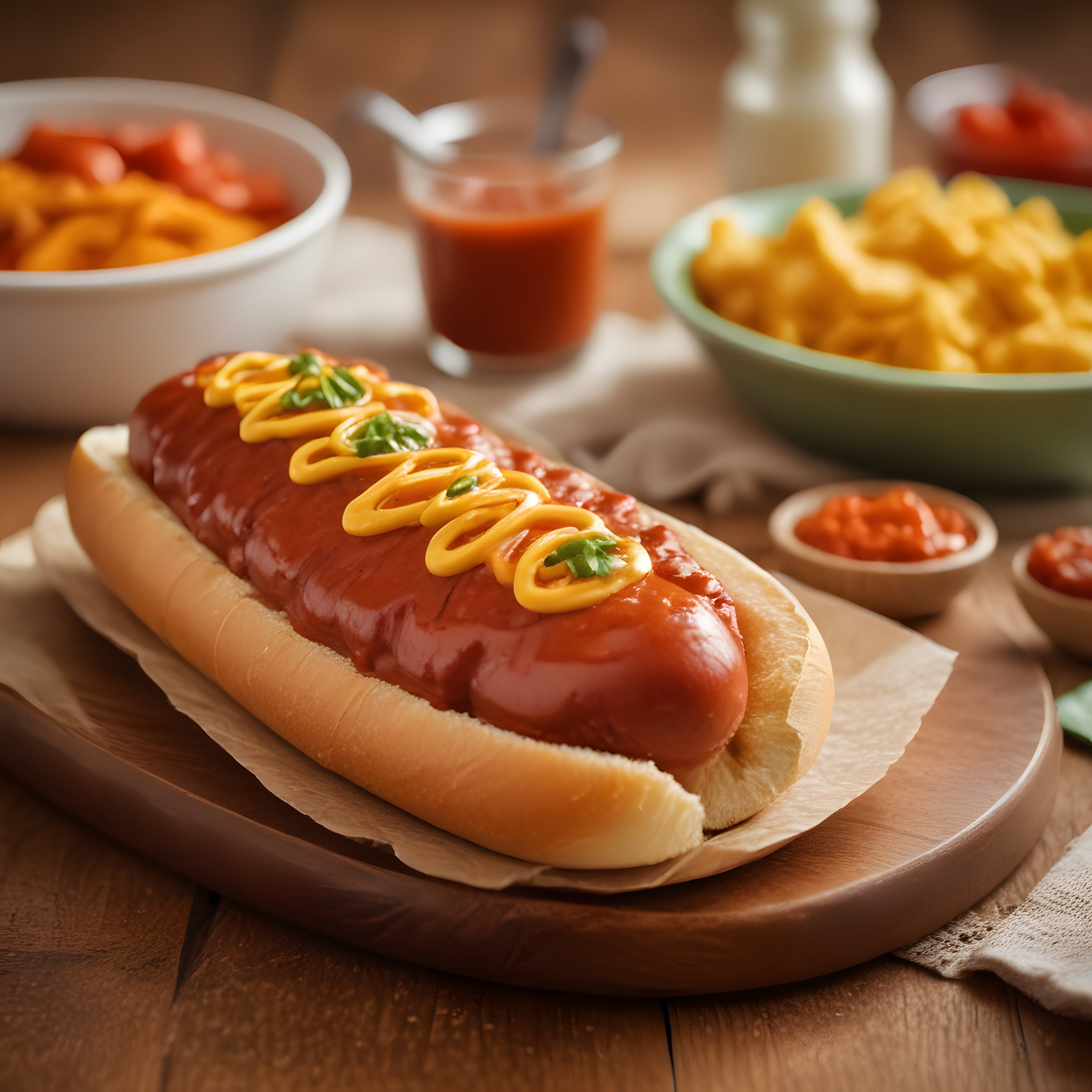 Ketçap ve Hardal ile Süslenmiş Sosisli Hot Dog ve Patates Kızartması