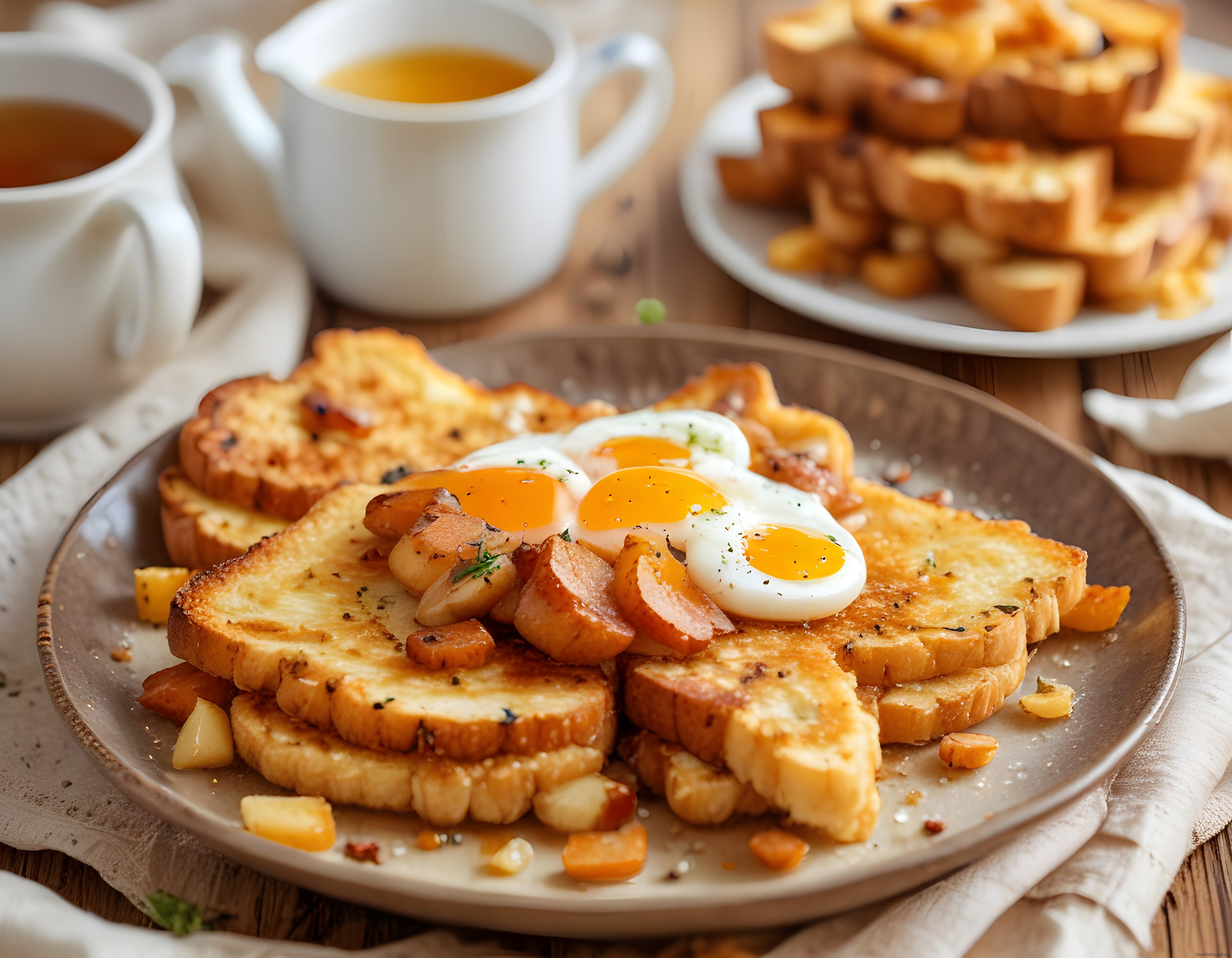 Keten Örtülü Masada French Toast ve Yumurtalı Kahvaltı Tabağı