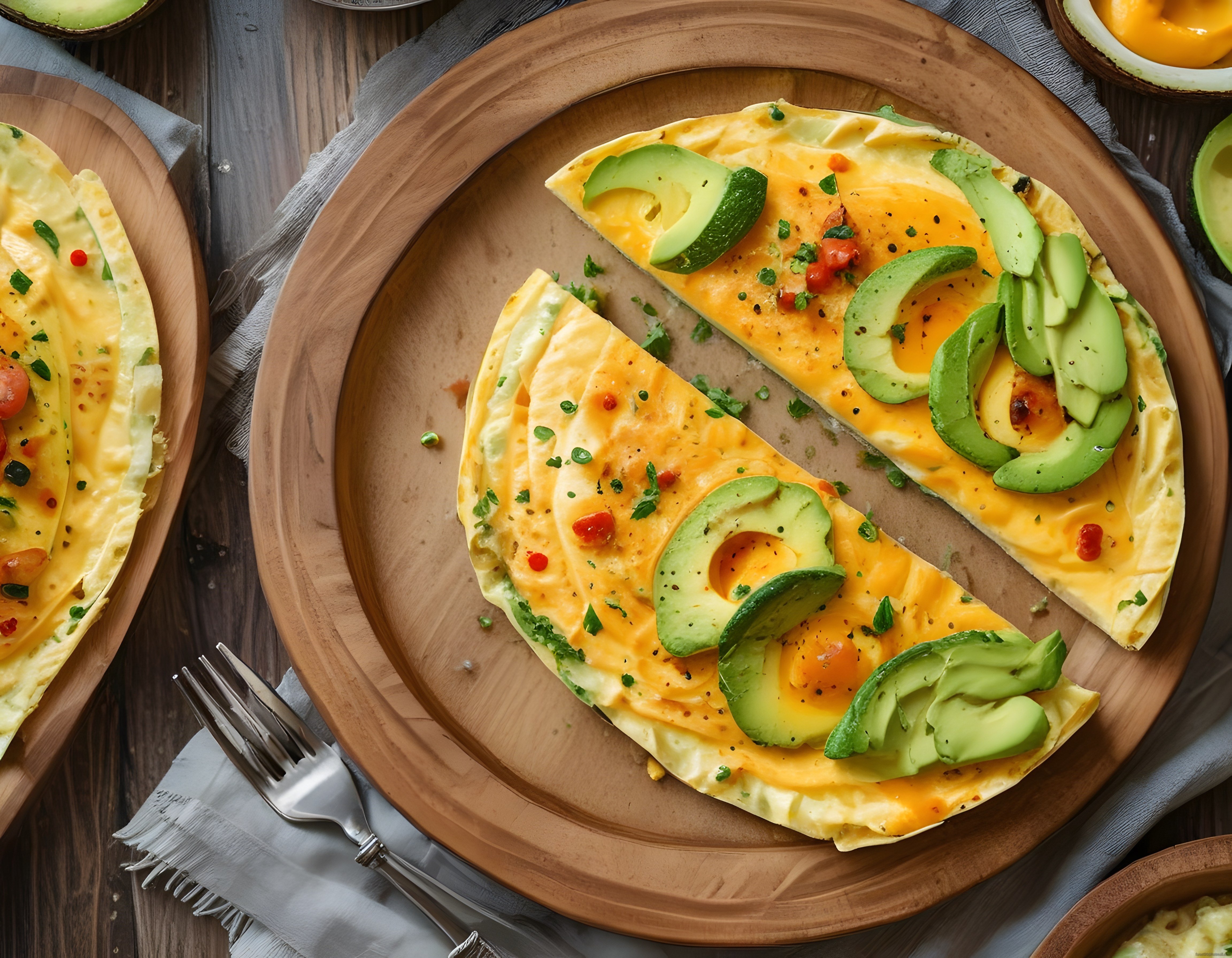 Keten Peçete ve Ahşap Tabakta Avokadolu Baharatlı Omlet Kahvaltılık Tarif