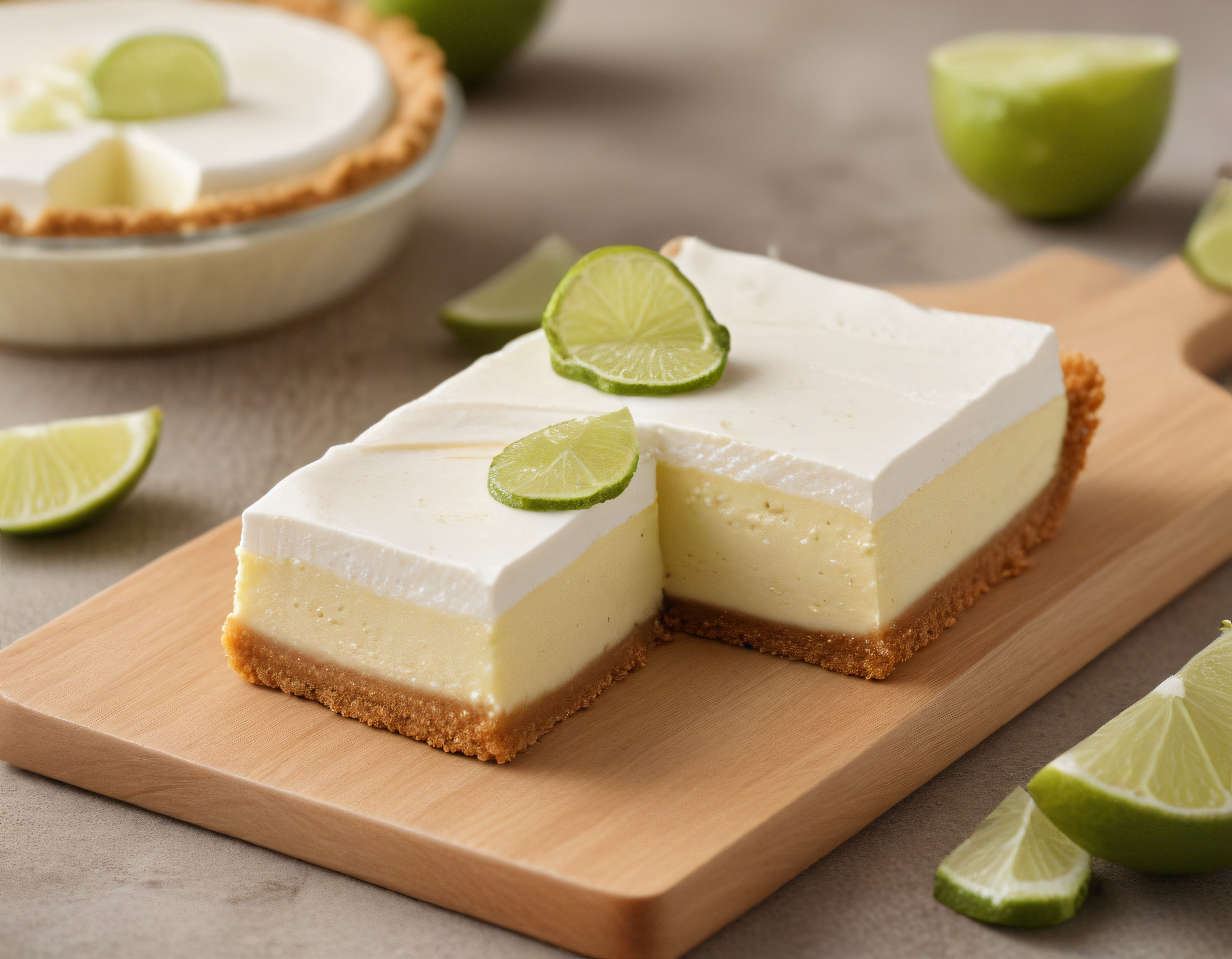 Key lime pie dilimleri ve taze misket limonu süslemeleriyle nefis sunum