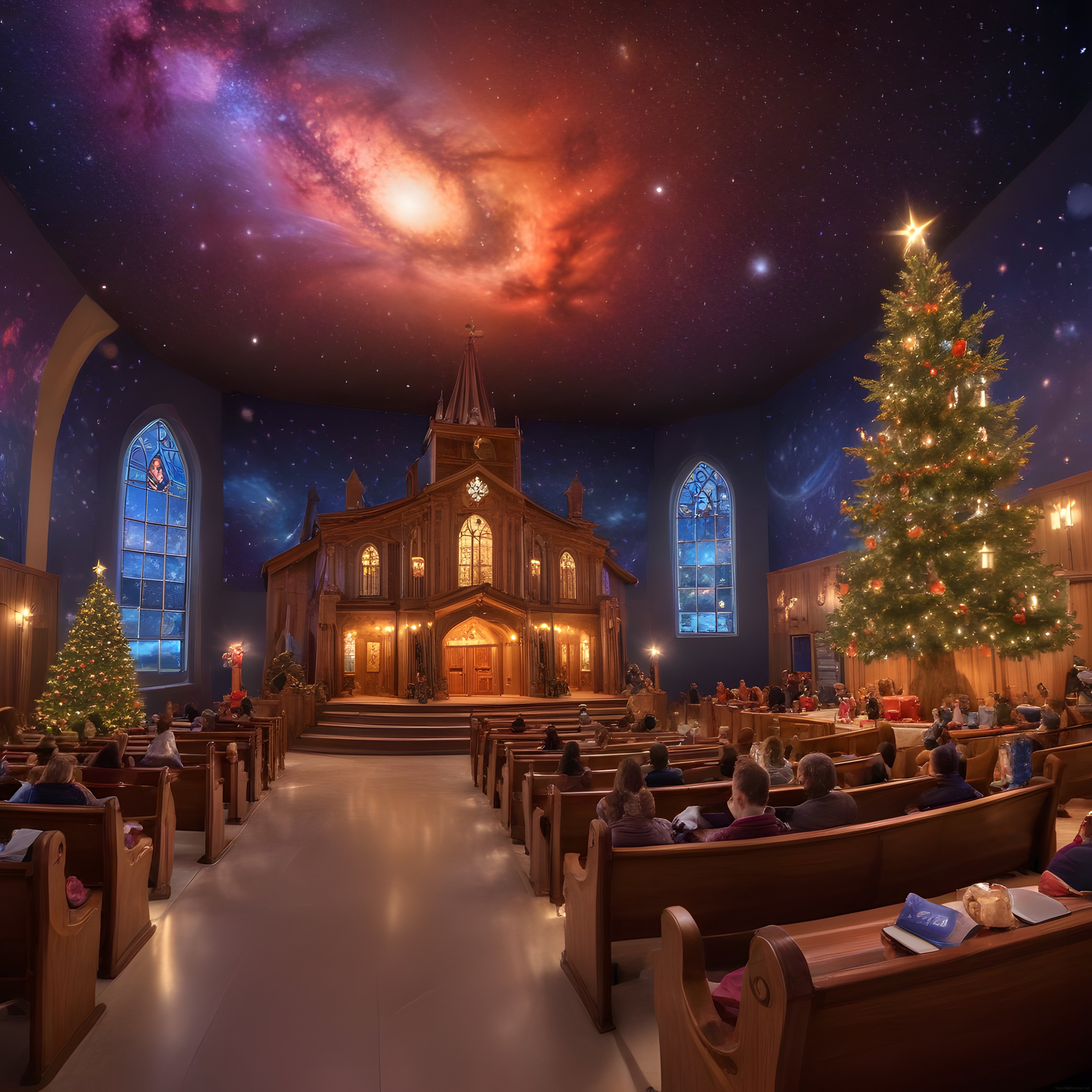 Kilise İçinde Büyüleyici Galaksi Gökyüzü ve Işıltılı Noel Ağaçlarıyla Atmosfer