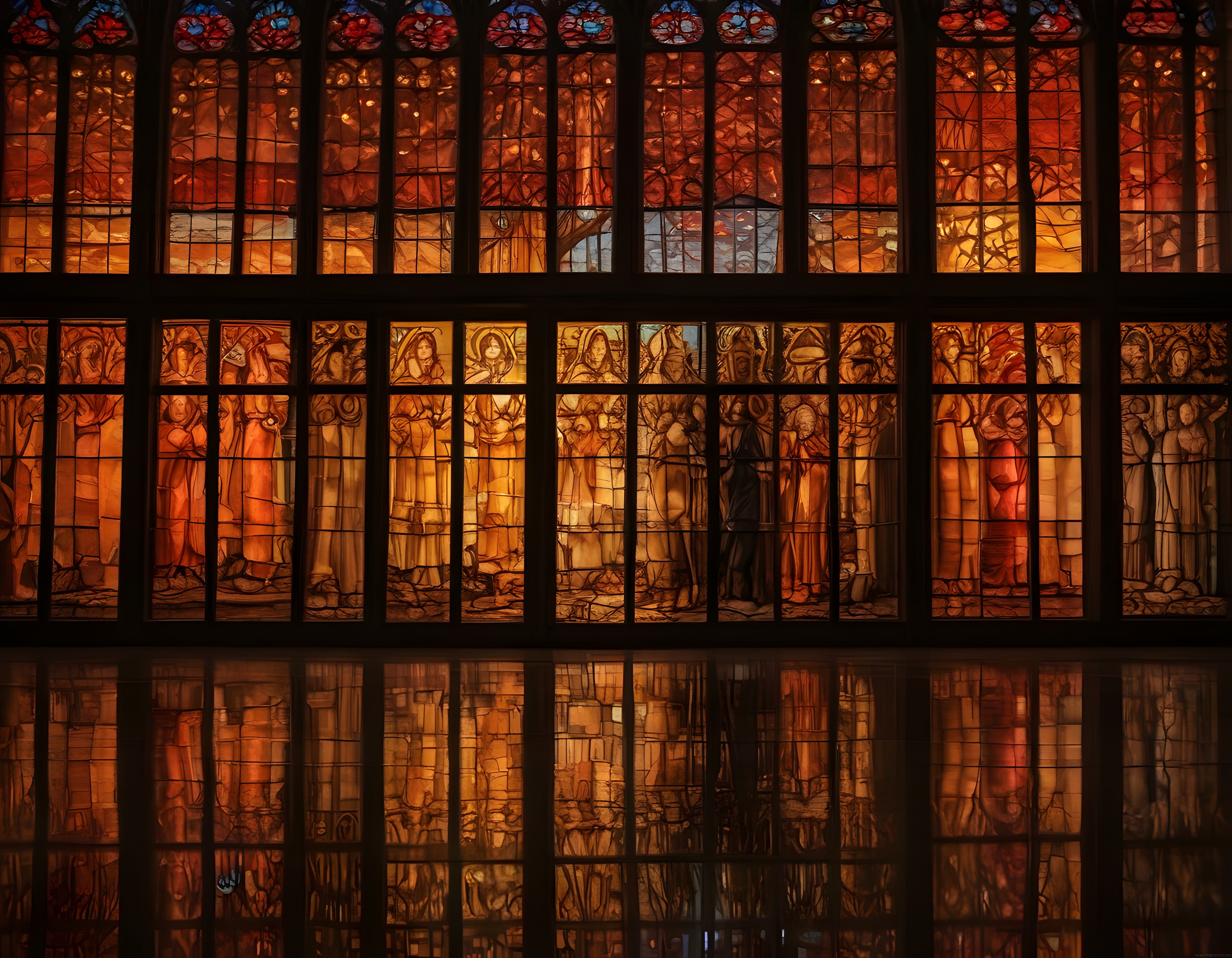 Kilise İçinde Tarihi Vitray Pencerelerin Sıcak Işıltısı ve Yansımaları