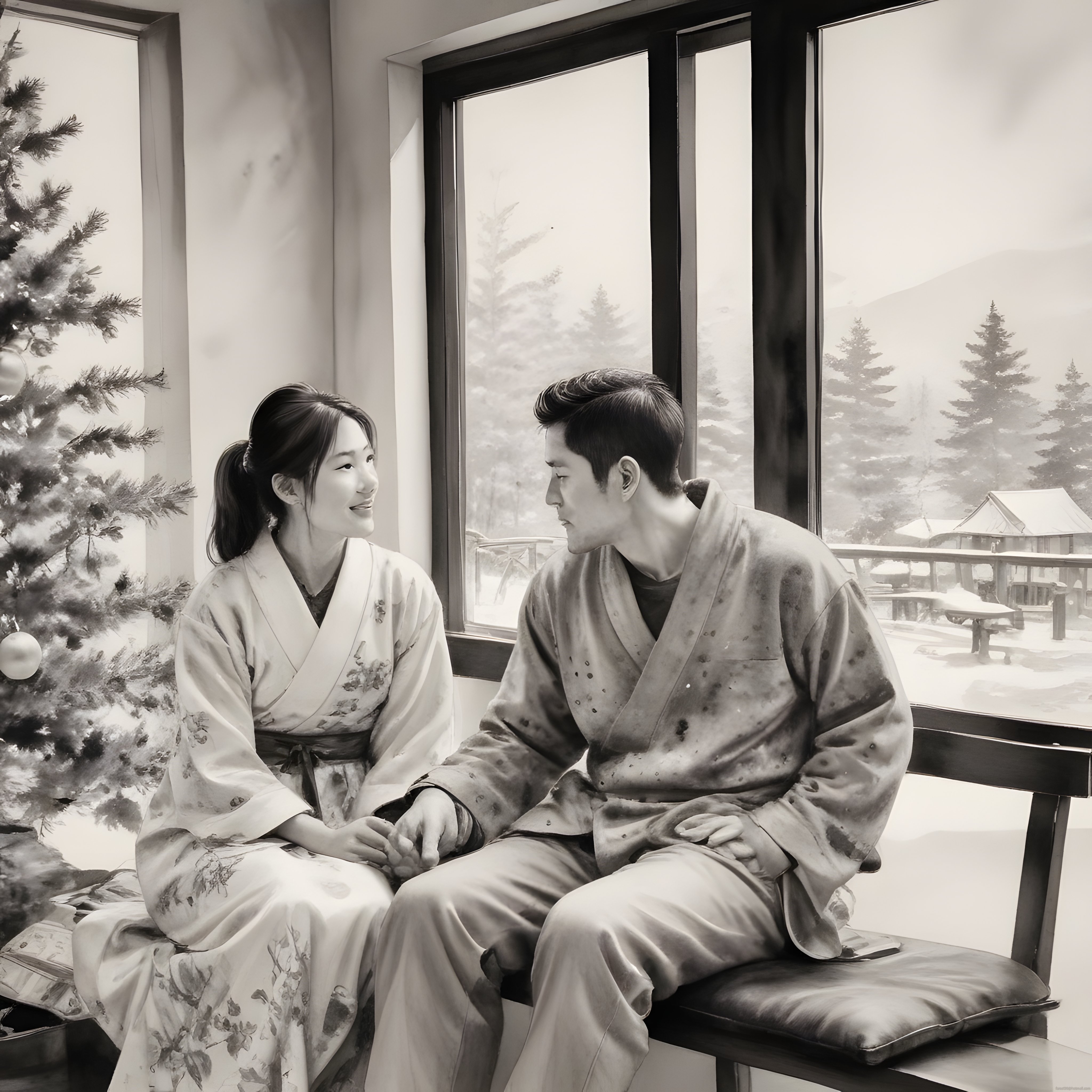 Kimono Giyen Çiftin Karlı Japon Manzaralı Pencere Kenarında Romantik Anı