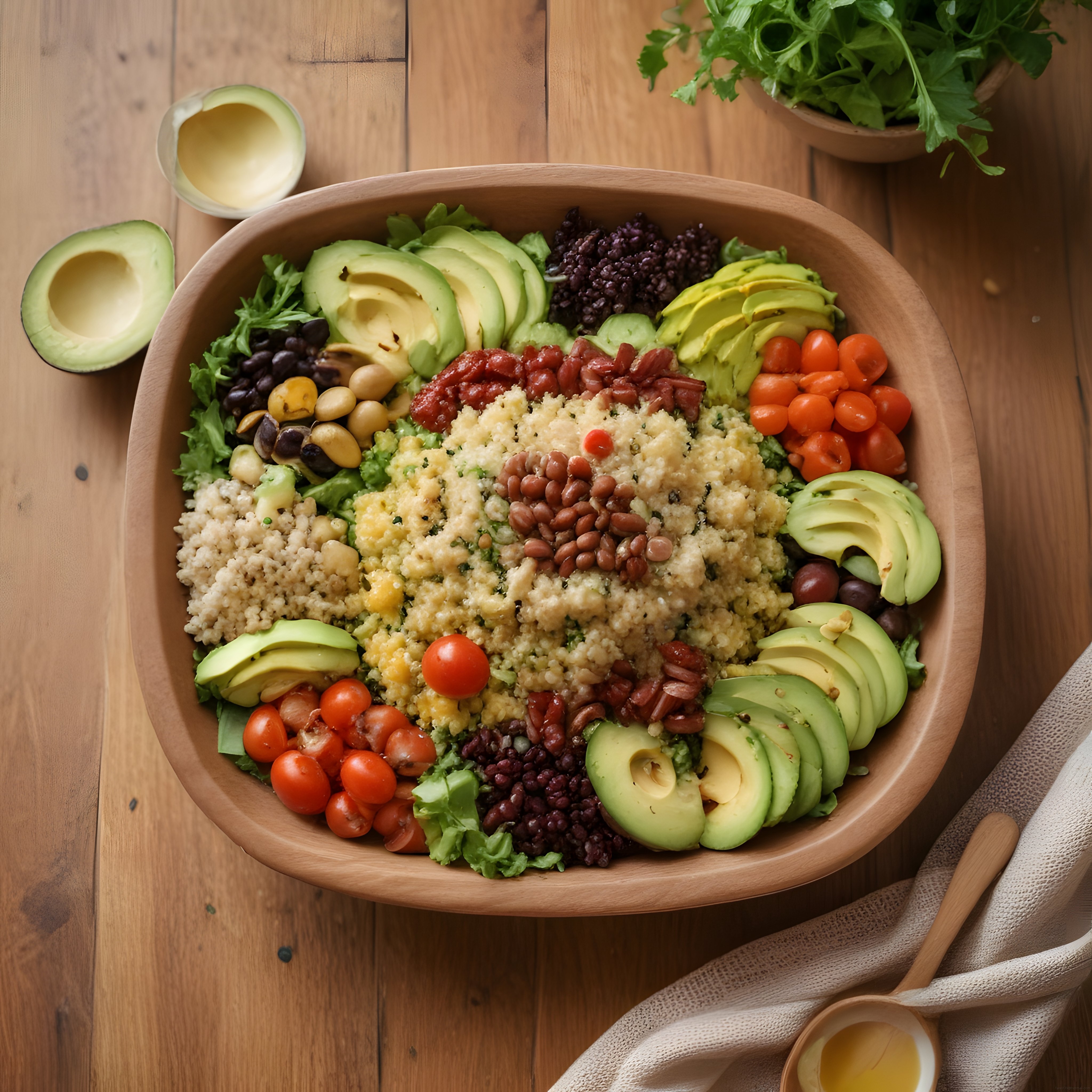 Kinoa Avokado ve Baklagillerle Hazırlanan Renkli Sağlıklı Bowl Sunumu