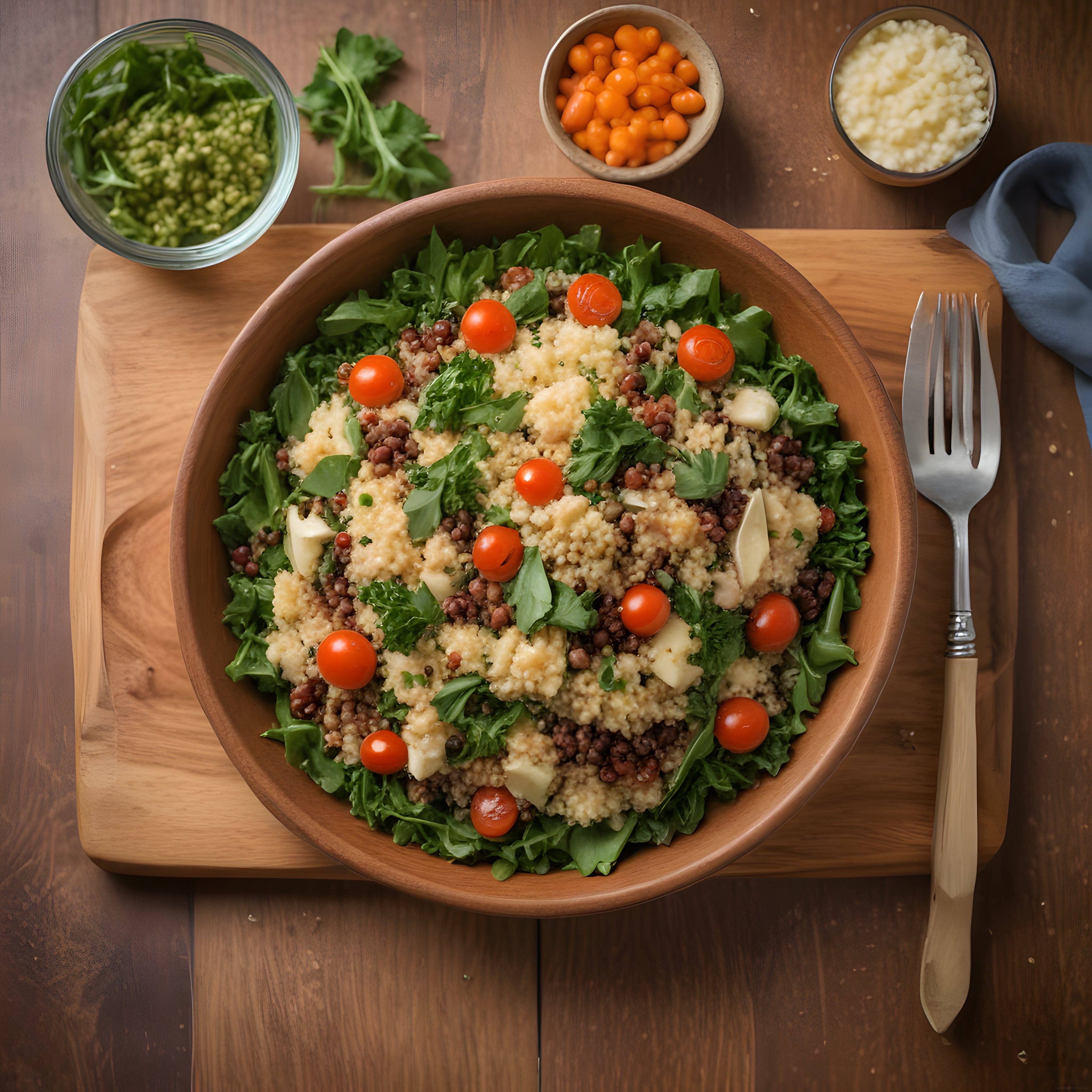 Kinoa, kiraz domates ve yeşil yapraklarla hazırlanmış taze salata kasesi