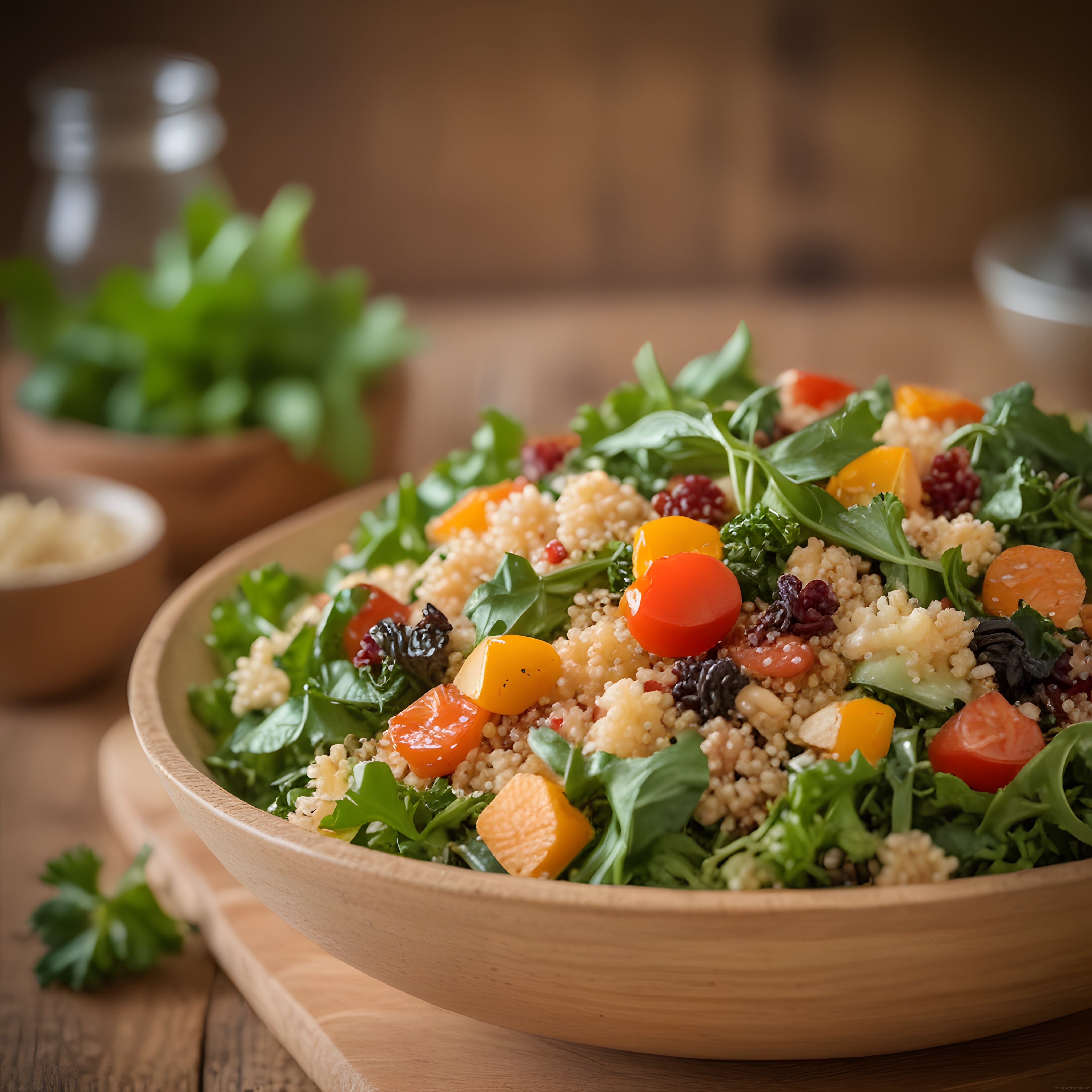 Kinoa, kuru meyve ve yeşil yapraklı sebzeli salata, ahşap kasede