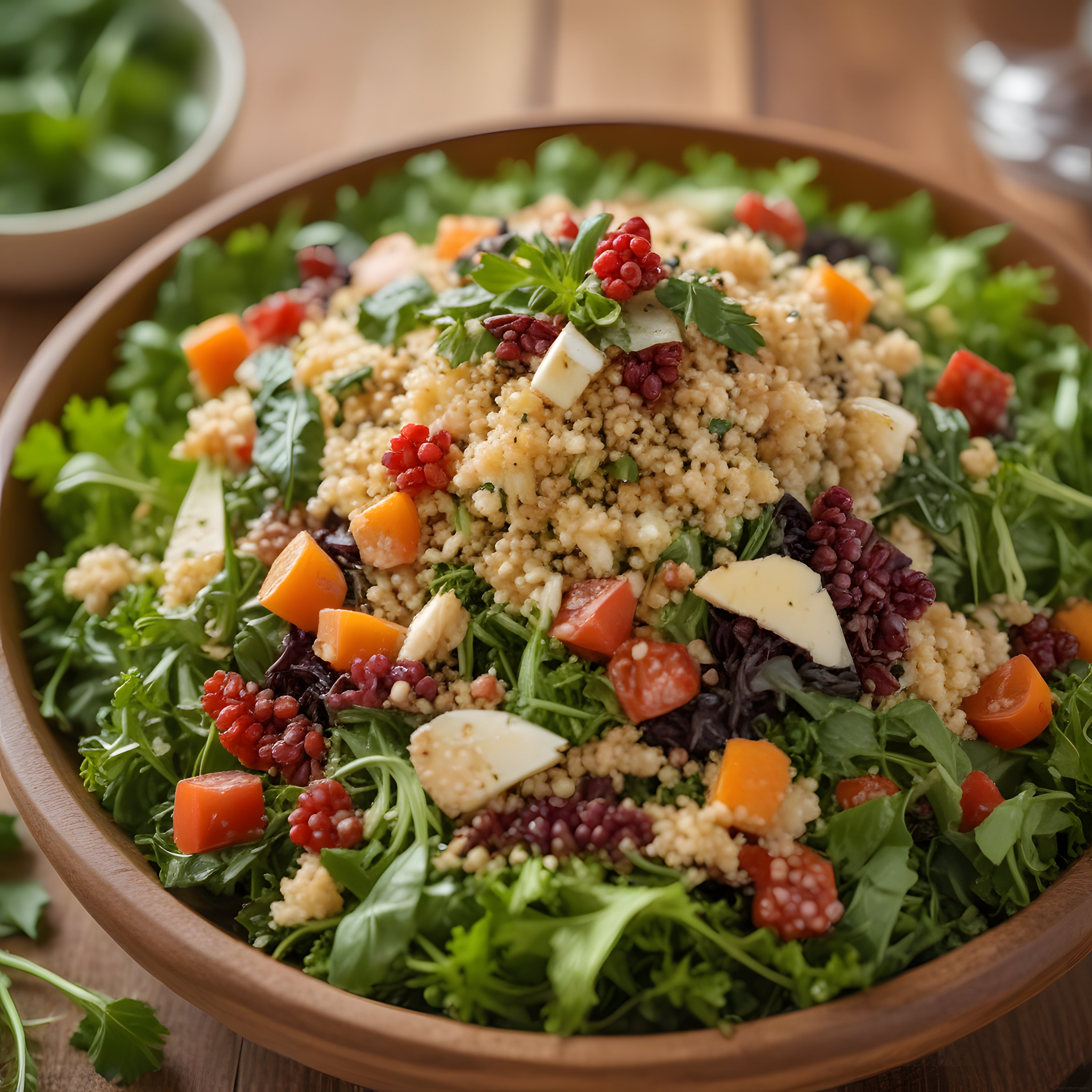 Kinoalı narlı ve taze peynirli ahşap kapta sağlıklı salata tabağı