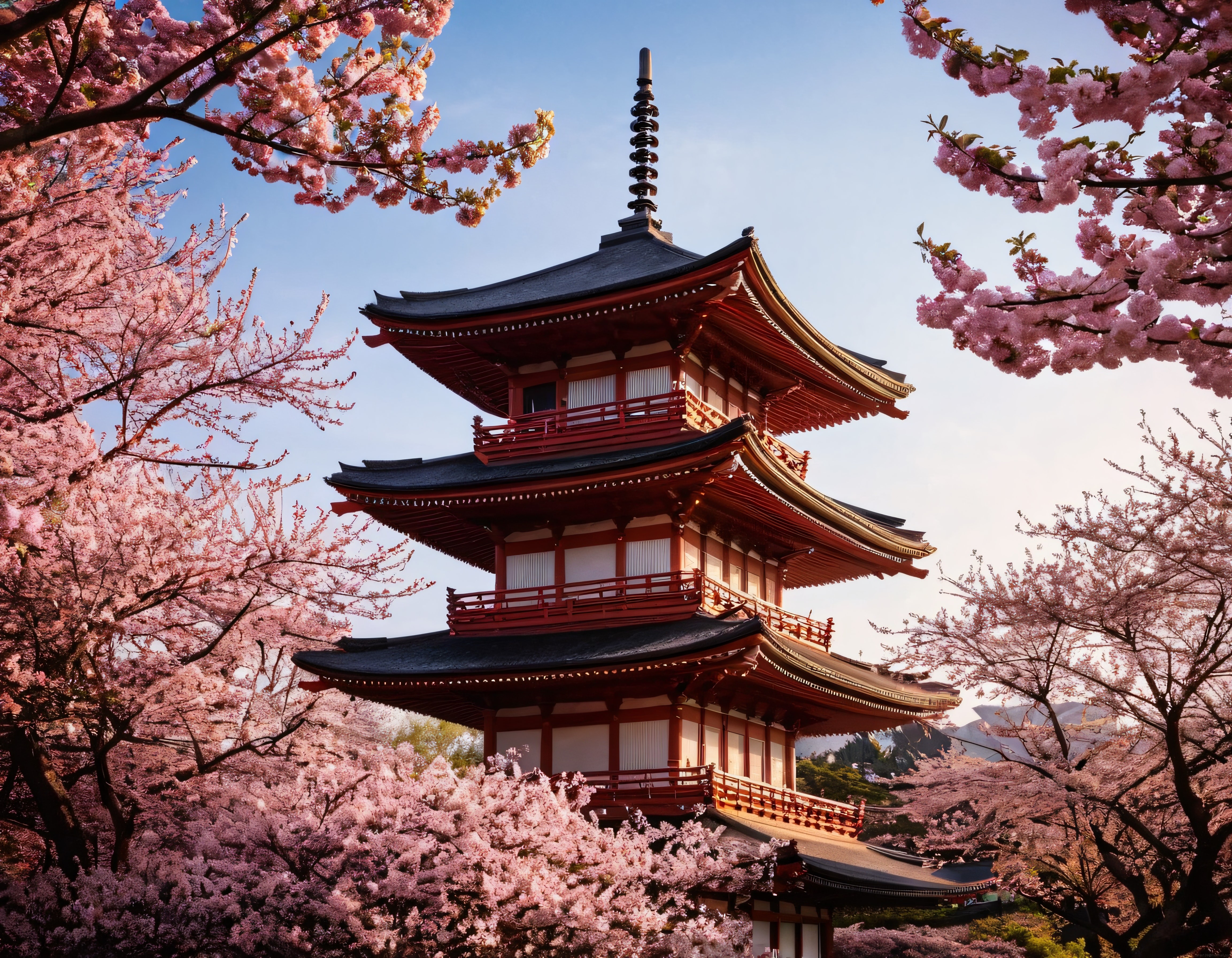 Kiraz Çiçeği Mevsiminde Geleneksel Japon Pagodası ve Bahar Manzarası