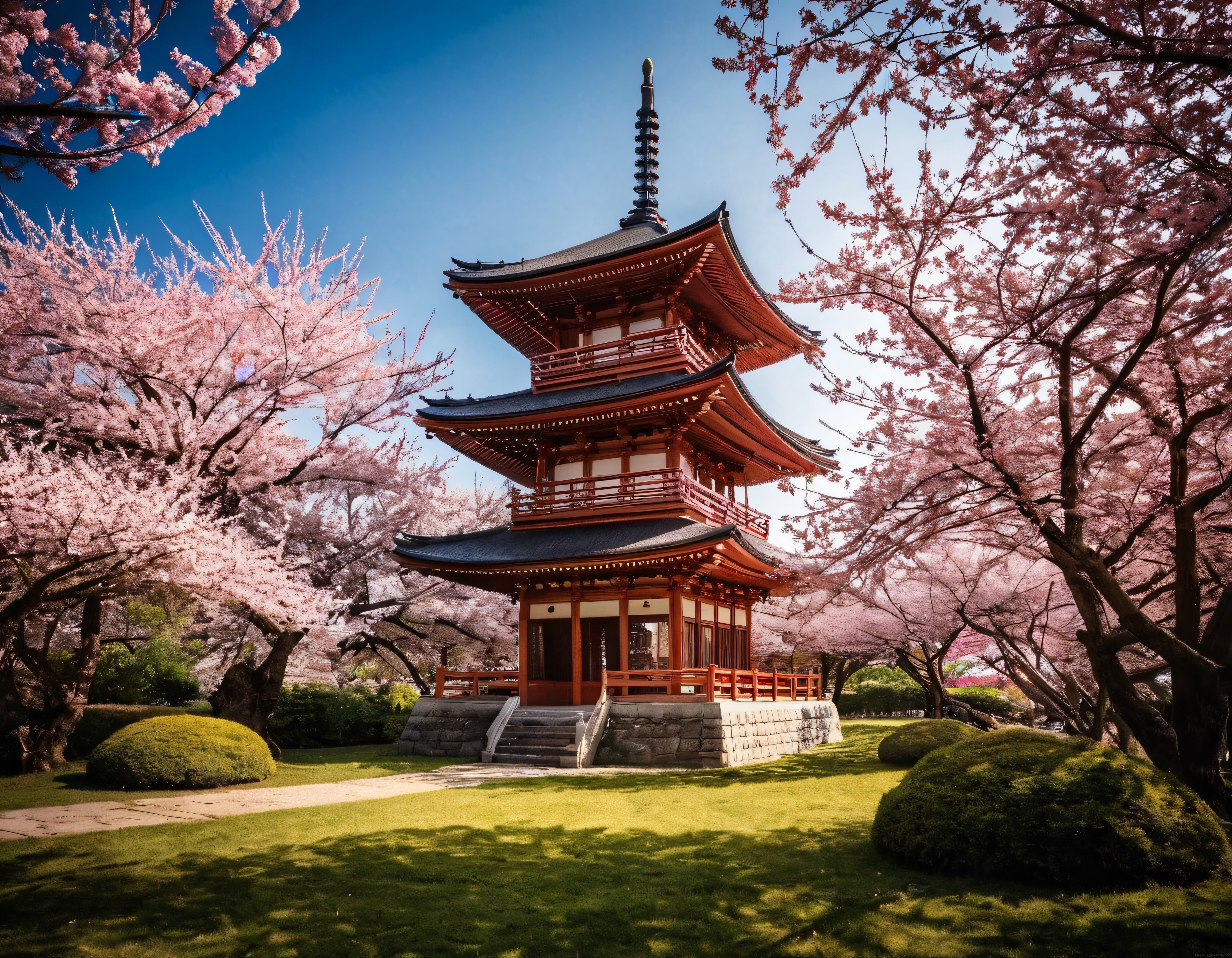 Kiraz çiçekleri arasında kırmızı ahşap bir Japon pagodası ve yeşil çimenler