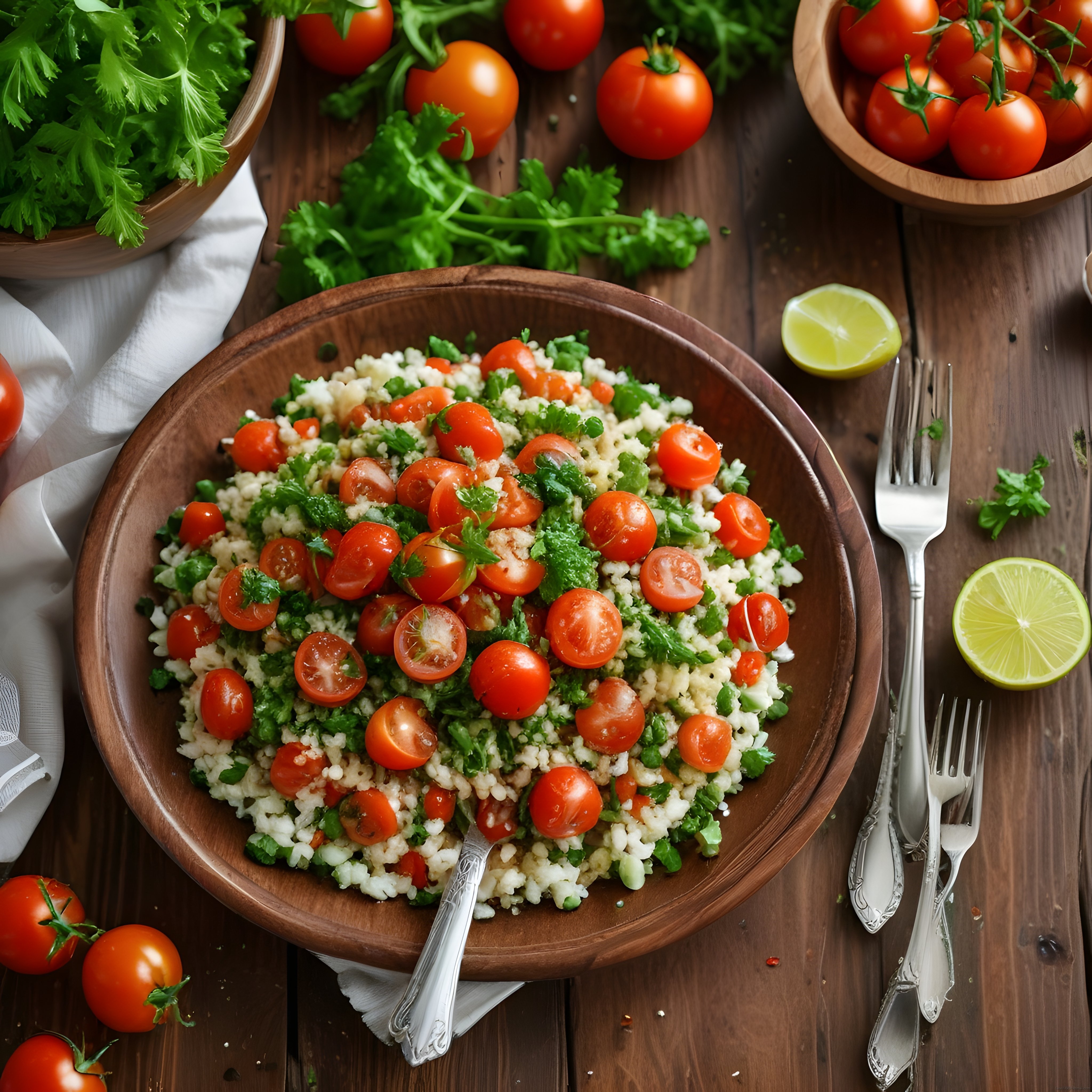 Kiraz domatesli, maydanozlu bulgur salatası ahşap kasede servis edilmiş