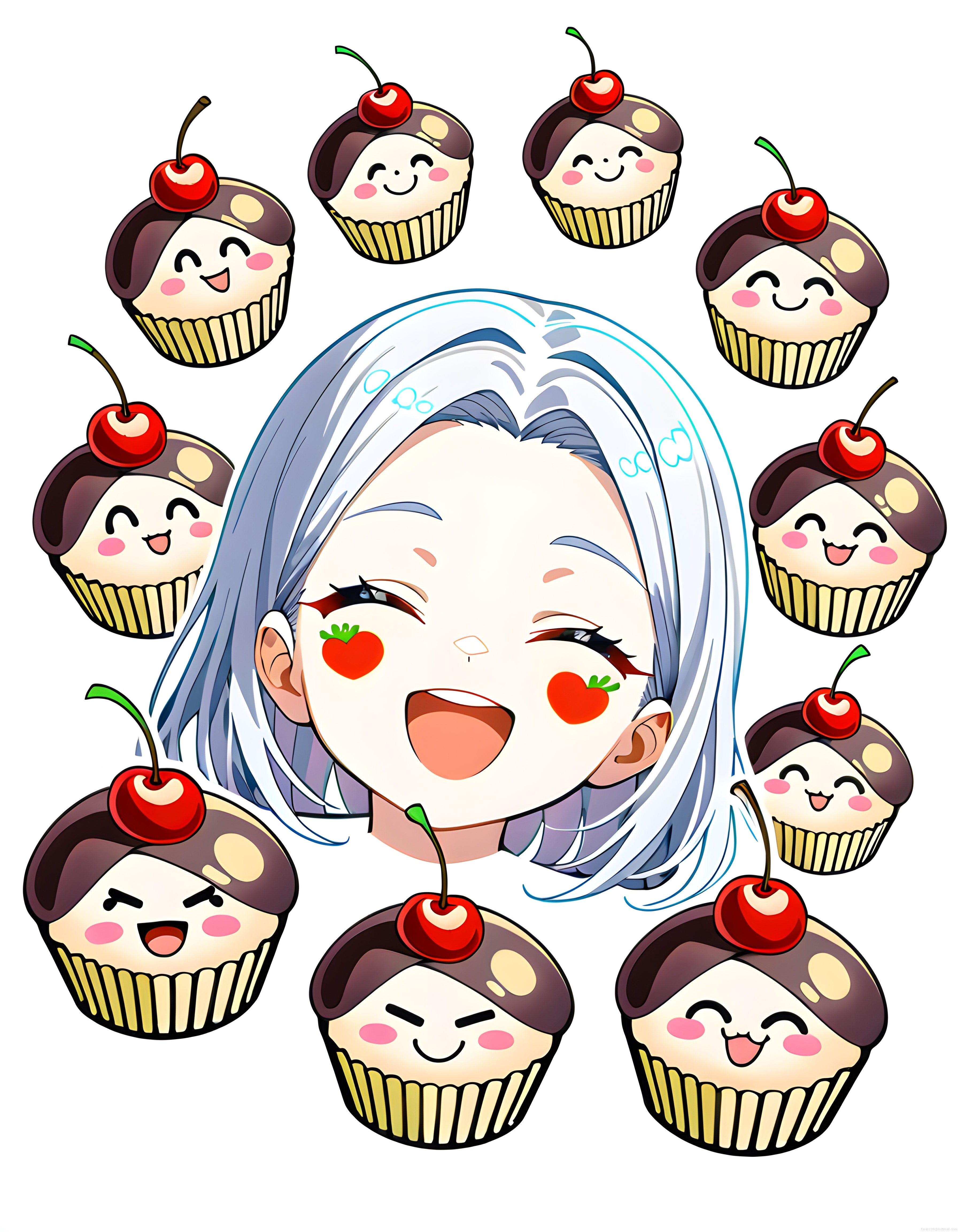 Kiraz süslemeli çikolatalı kek kağıtları arasında gülen gümüş saçlı anime kız