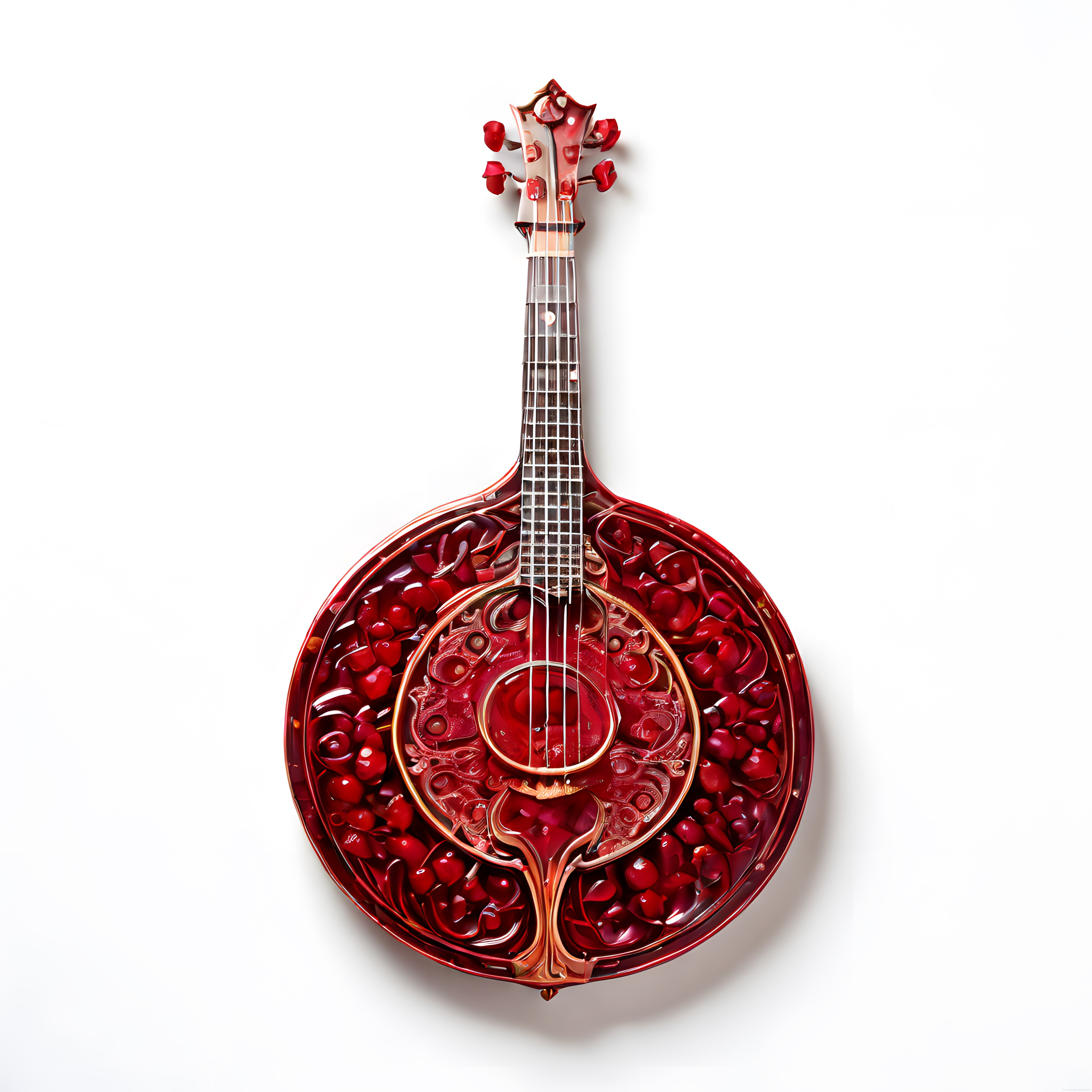 Kiraz ve Jöle Dokulu Parlak Kırmızı Mandolin: Beyaz Zemin Sanatsal Çalışma