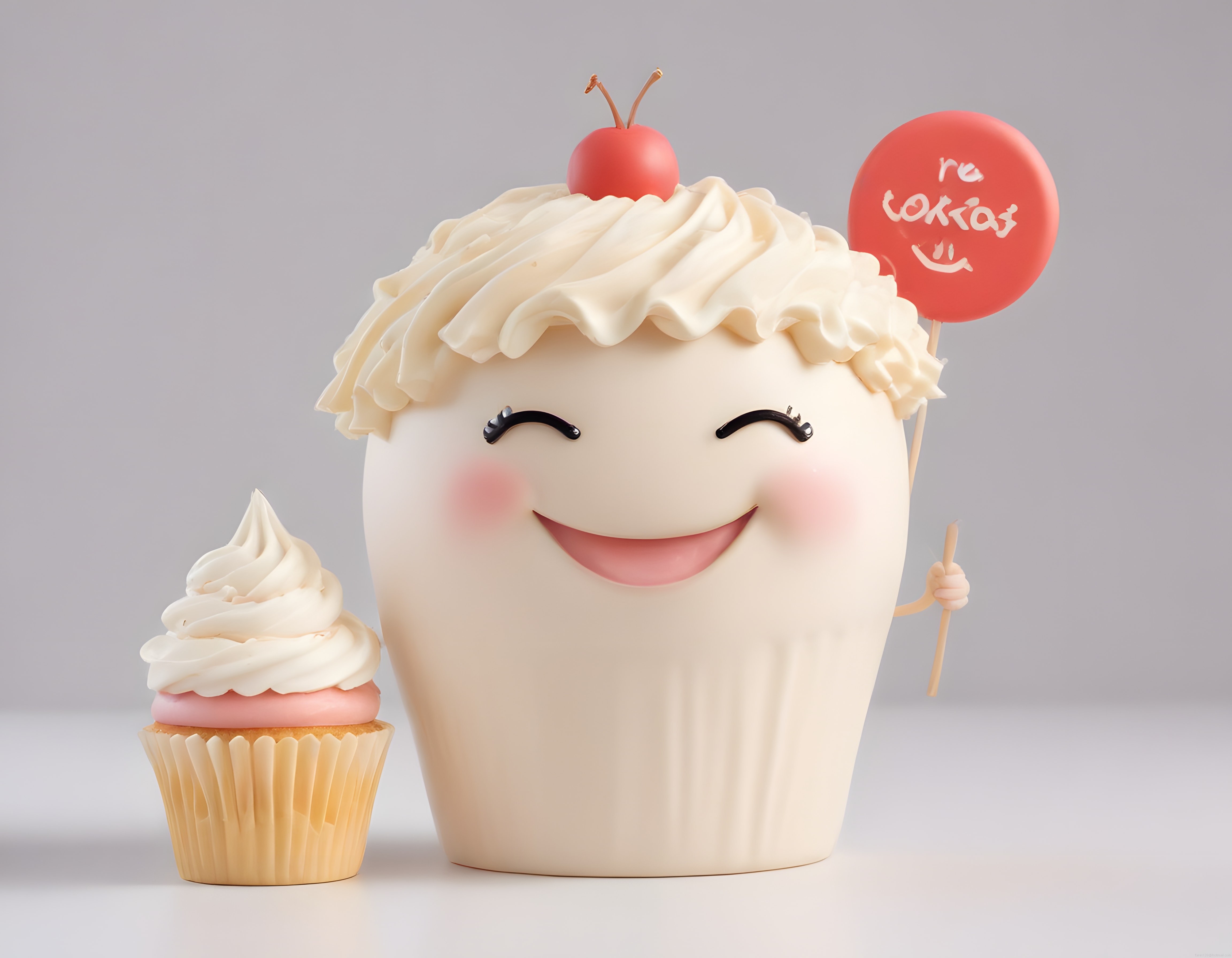 Kirazlı Gülümseyen Cupcake Maskot ve Mini Pastasıyla Sevimli Tasarım