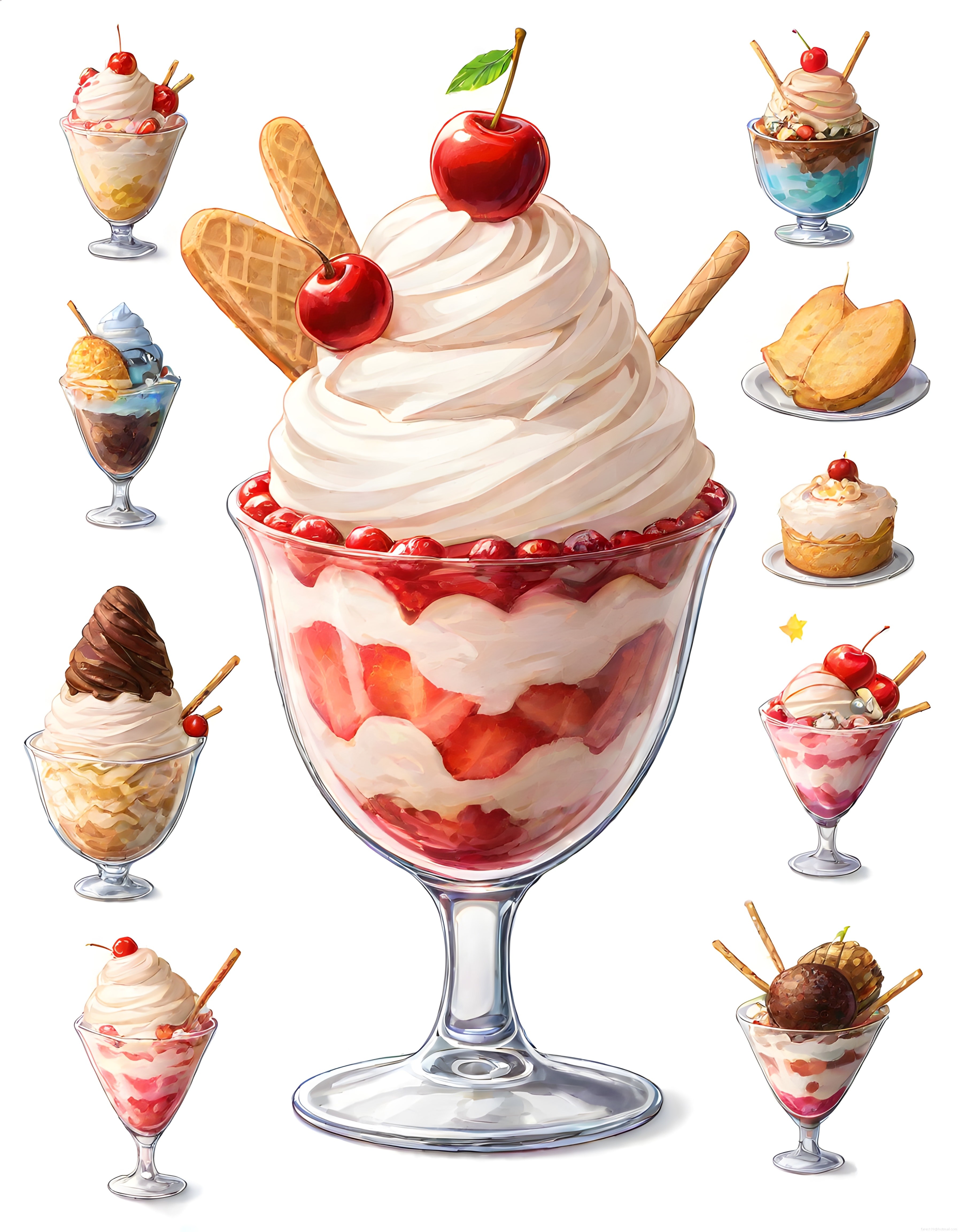 Kirazlı kremalı kup tatlıları ve waffle süslemeli sundae çeşitleri