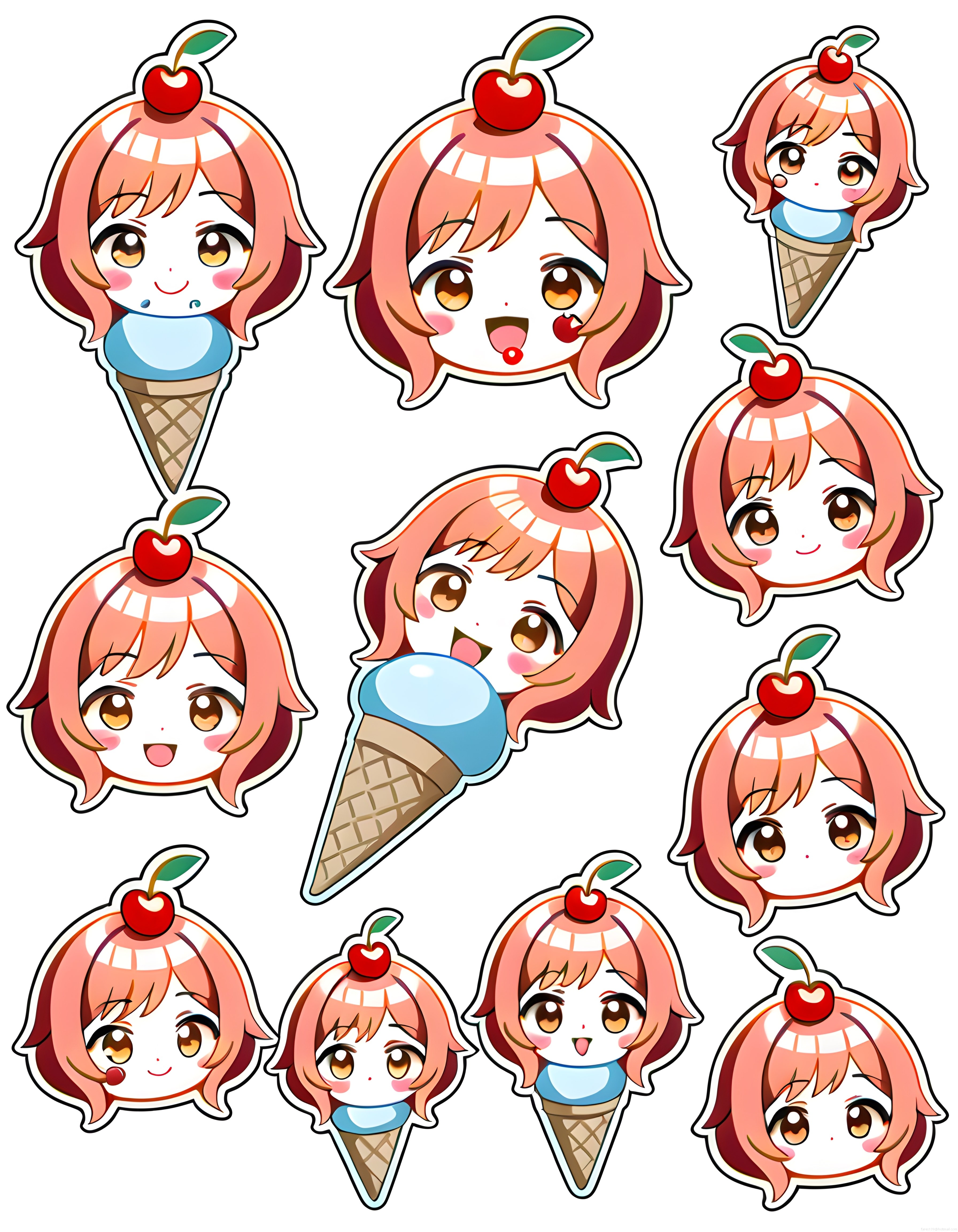 Kirazlı pembe saçlı anime kızı chibi sticker ve dondurma külahı seti