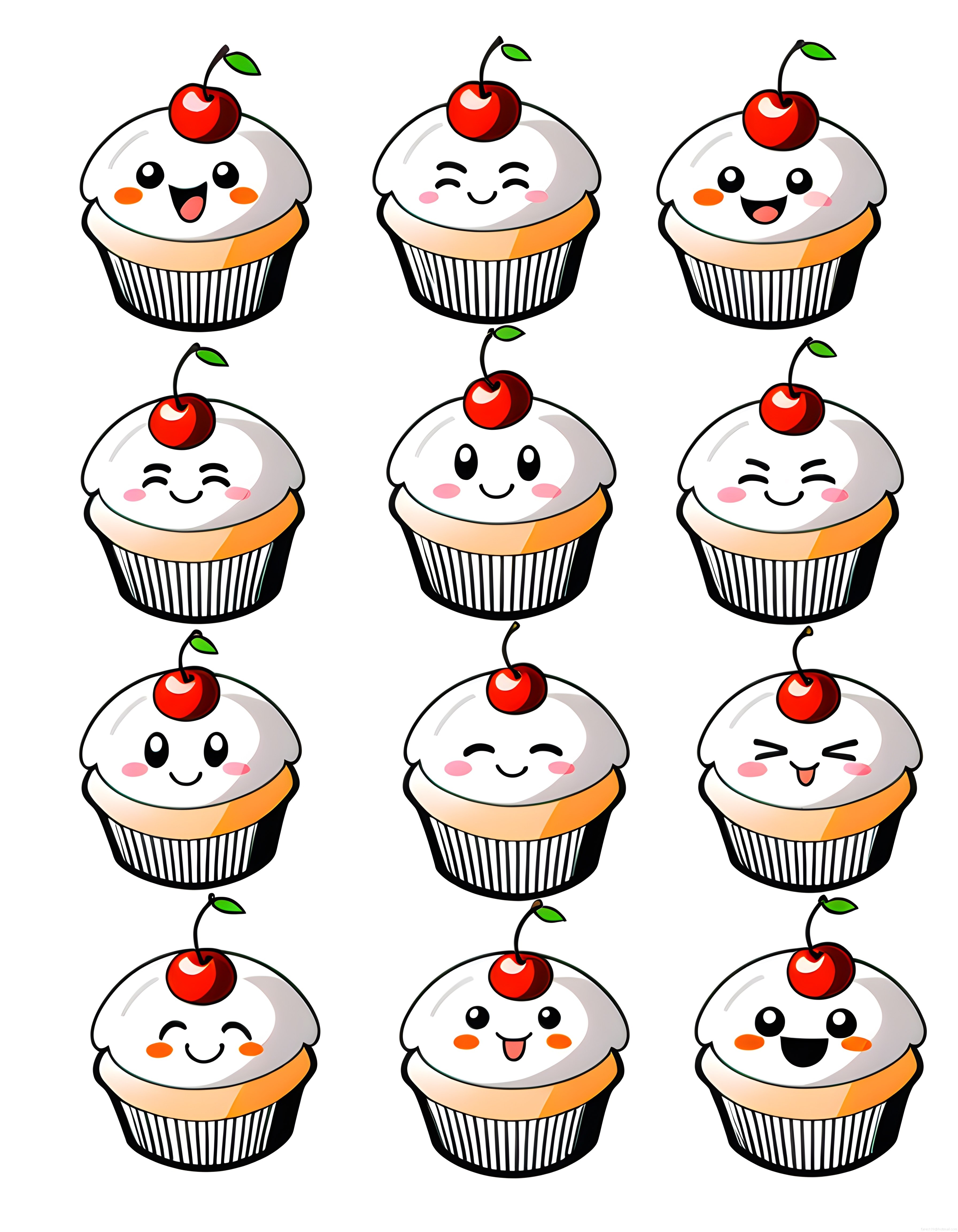 Kirazlı sevimli cupcake karakterleri: kawaii kapkek yüz ifadeleri seti