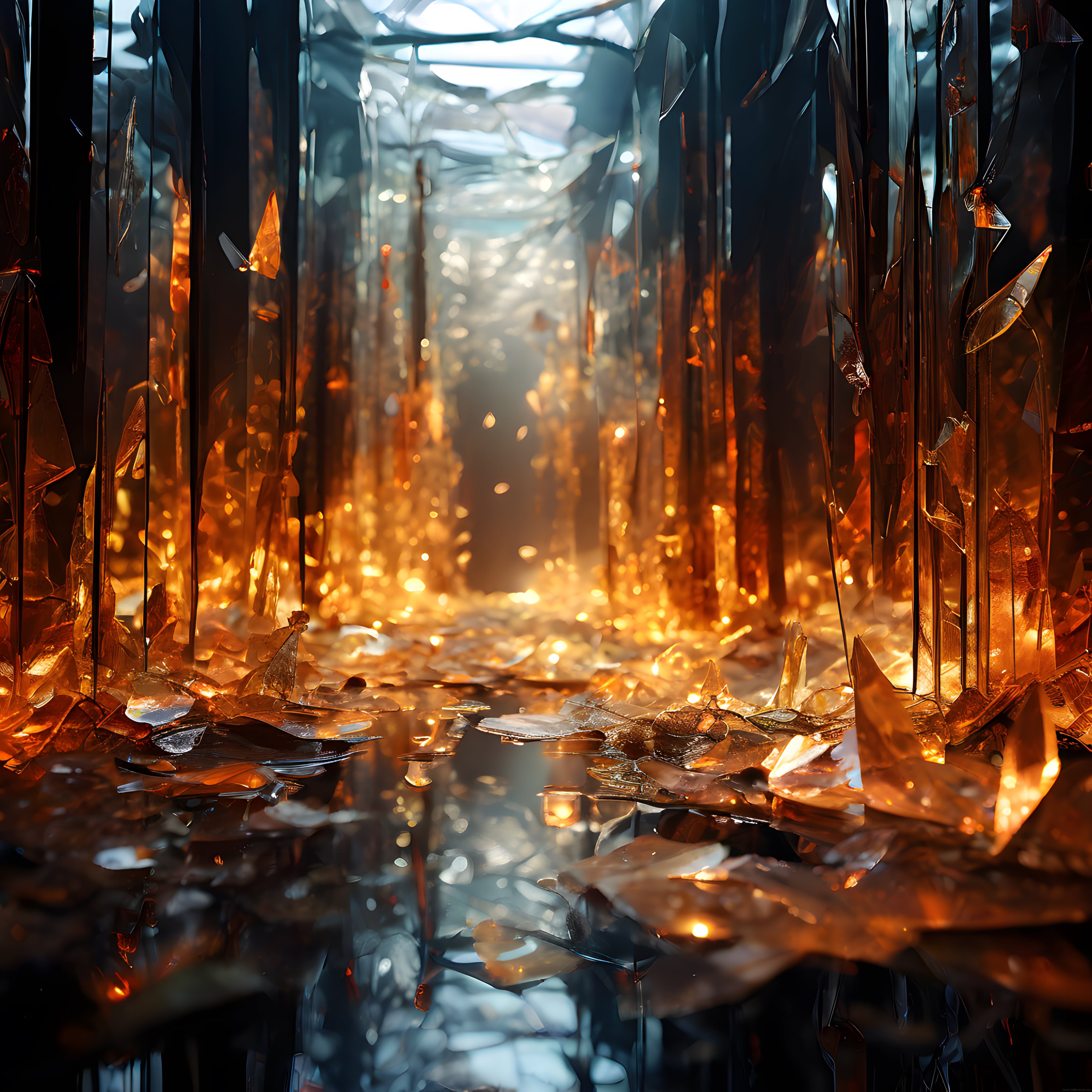 Kırık Kristal Sütunlar Arasında Yükselen Amber Işık ve Sükunet