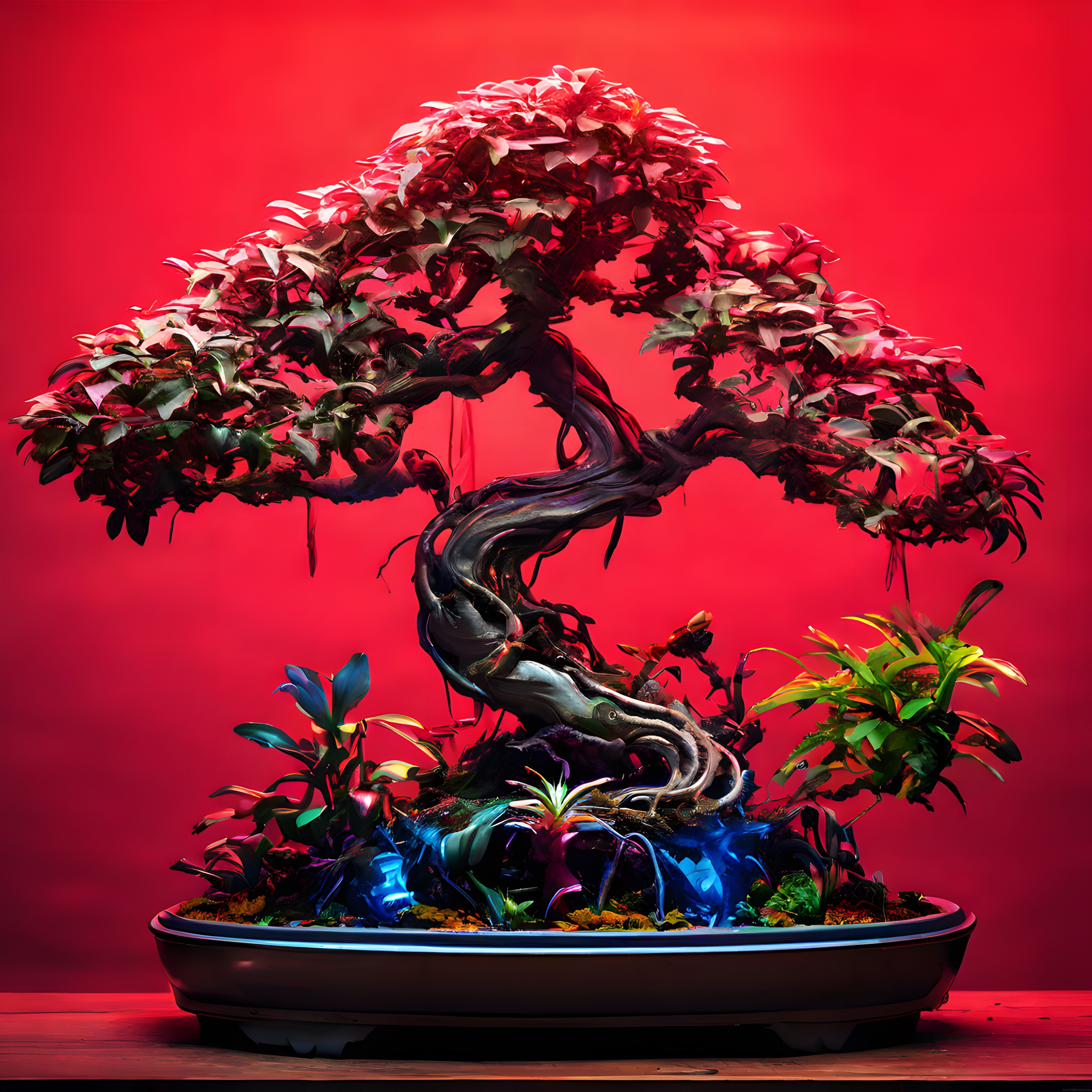 Kırmızı Arka Planda Gizemli Neon Bonsai Ağacı Dijital Sanat Eseri
