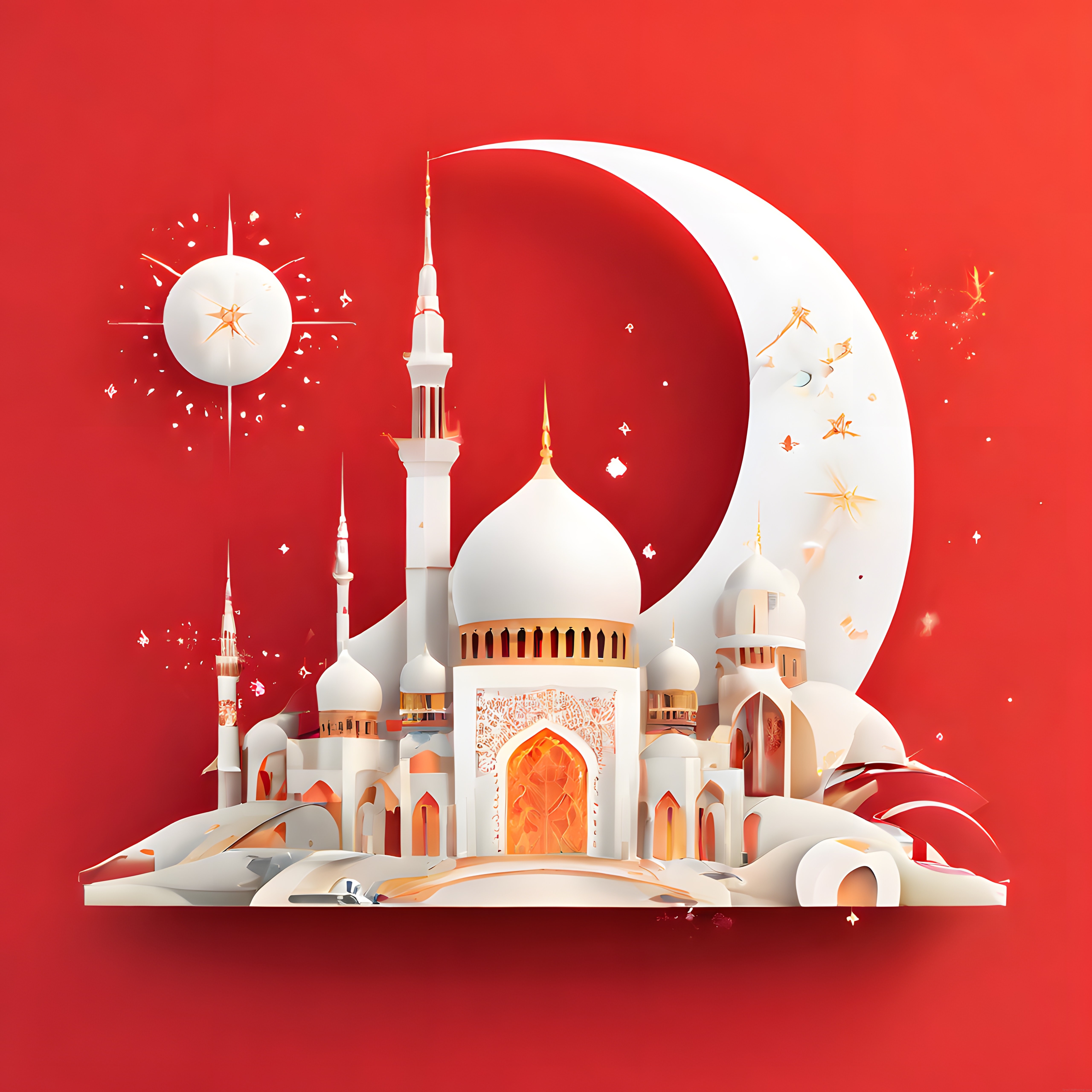 Kırmızı arka planda hilal ve yıldızlara bürünmüş beyaz cami illüstrasyonu