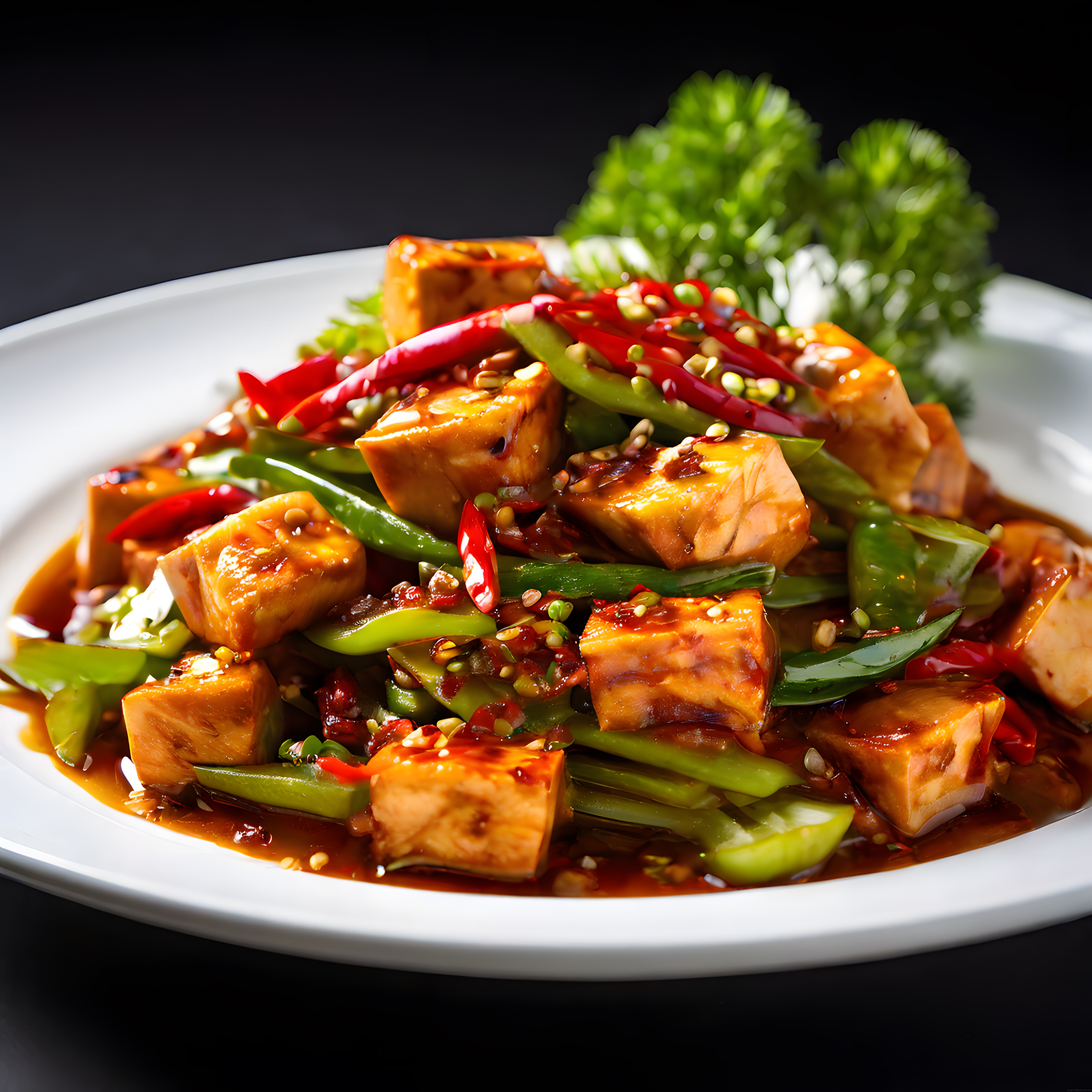 Kırmızı Baharatlı Soslu Tofu Küpleri ve Asya Mutfağından Göz Alıcı Sunum