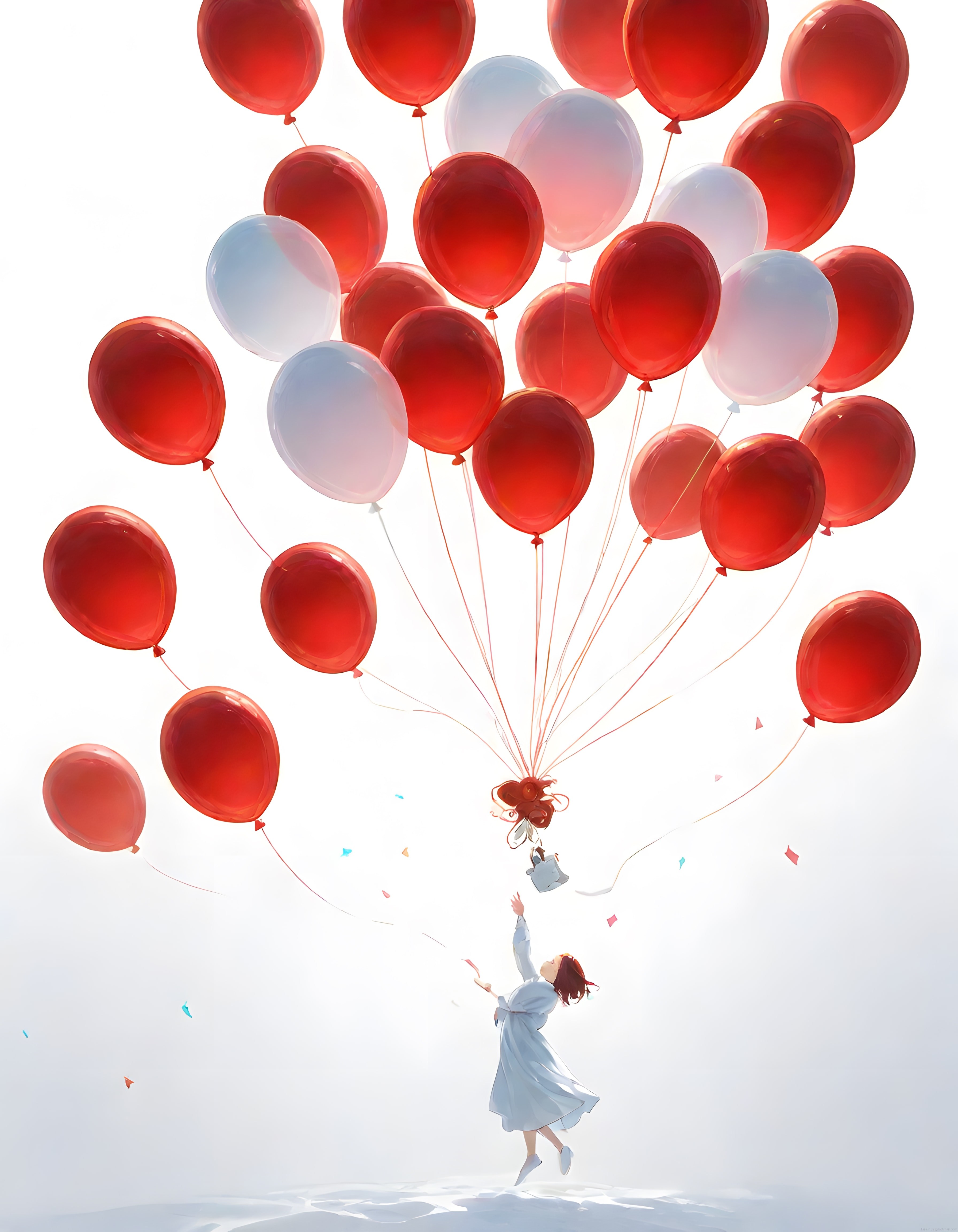 Kırmızı balonlarla gökyüzüne doğru süzülen kız çocuğu dijital illüstrasyon