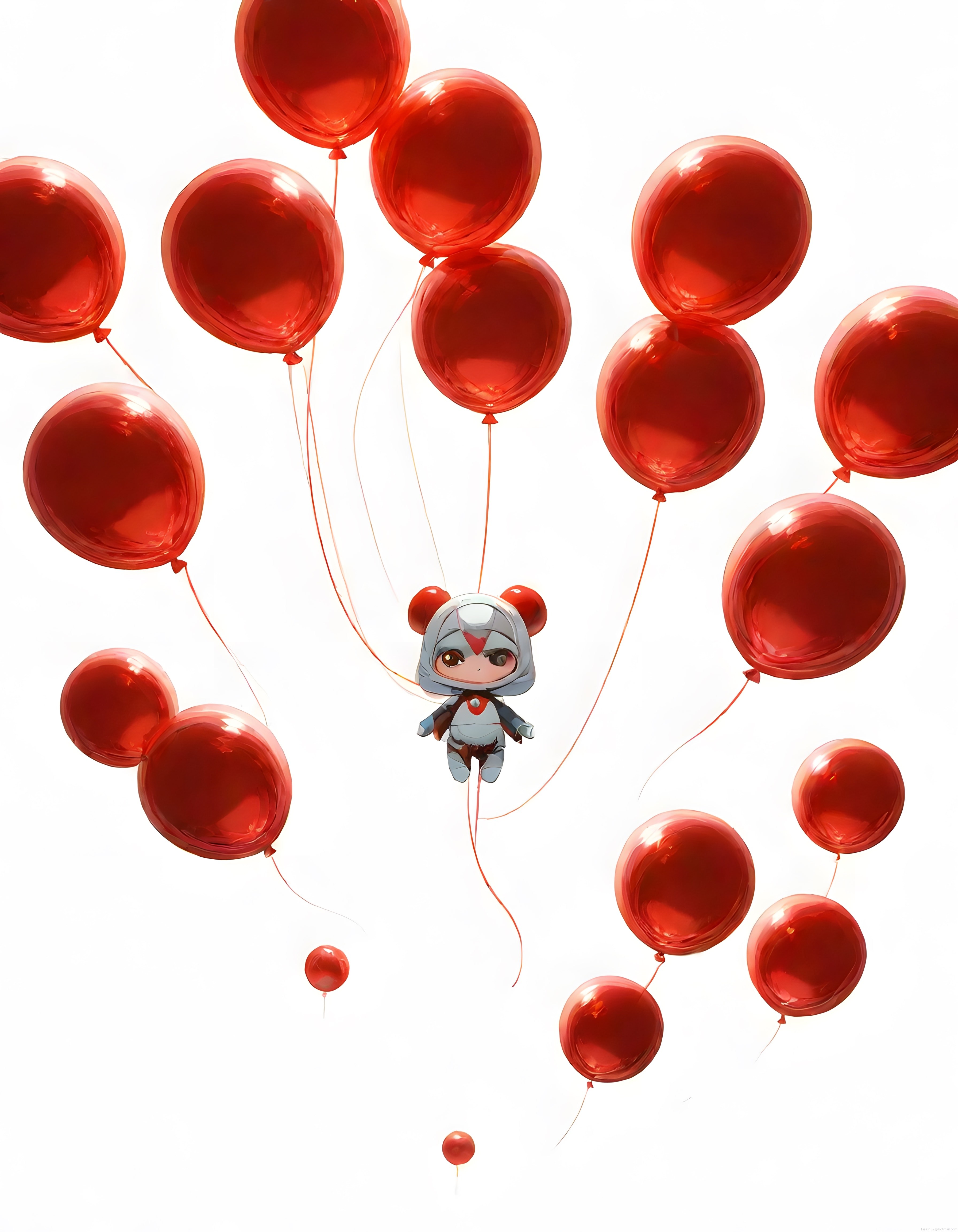 Kırmızı Balonlarla Gökyüzüne Yükselen Sevimli Anime Karakterinin Dijital İllüstrasyonu