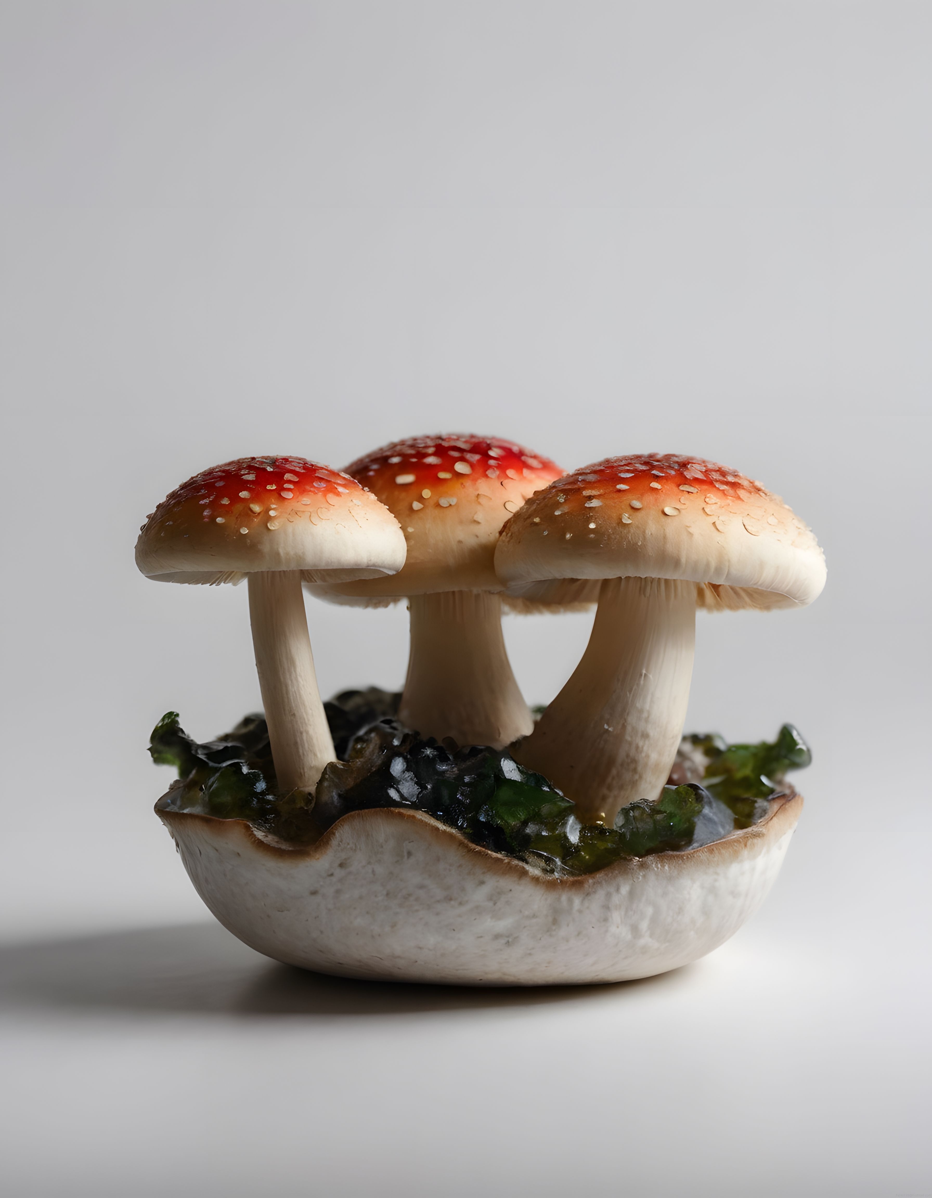 Kırmızı benekli amanita mantarları seramik kasede estetik stüdyo fotoğrafı