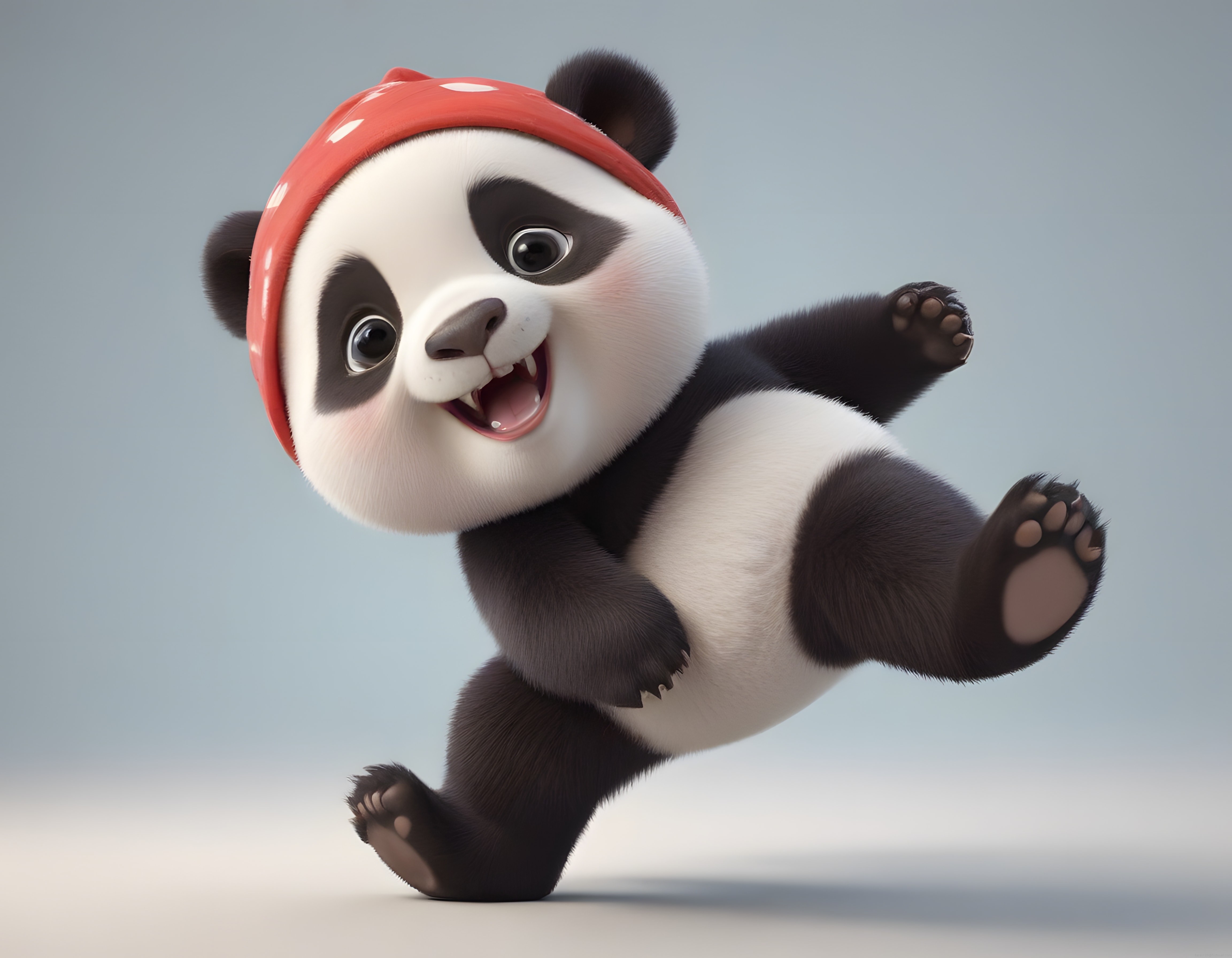 Kırmızı bere takmış sevimli panda karakterinin neşeli atlama anı