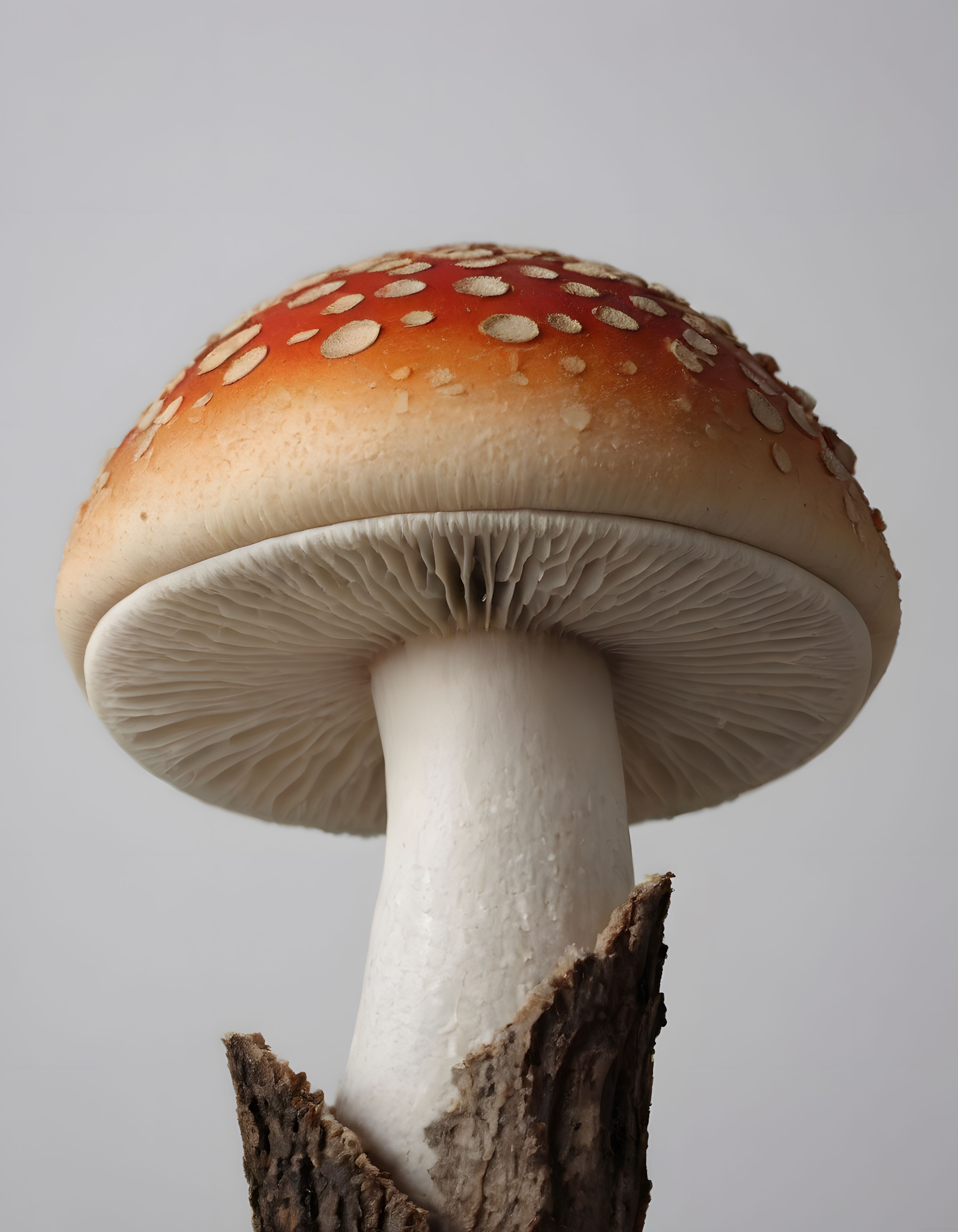 Kırmızı beyaz benekli mantarın ağaç kabuğunda yakın çekim makro fotoğrafı