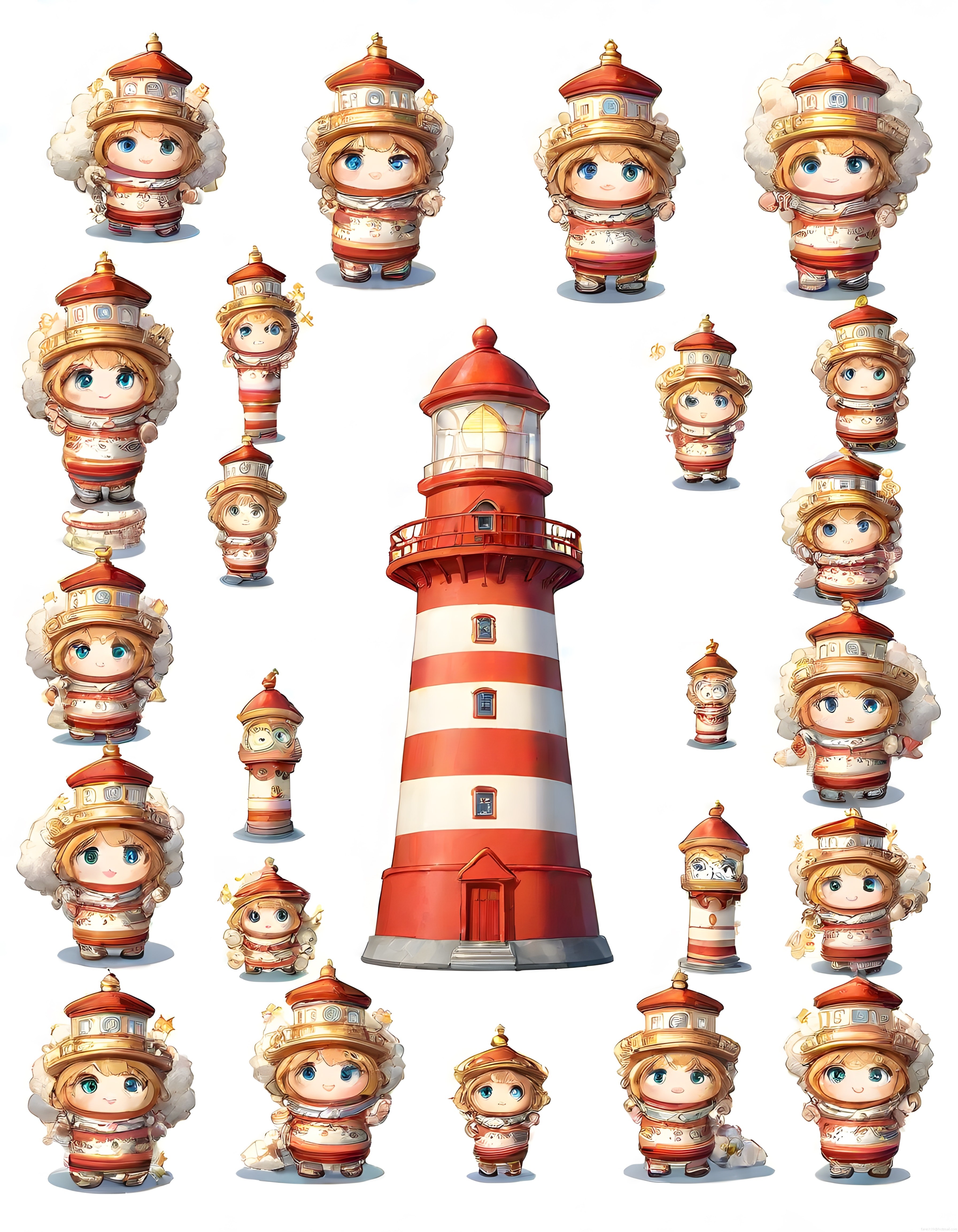 Kırmızı beyaz deniz feneri ve etrafındaki sevimli chibi karakter tasarımları