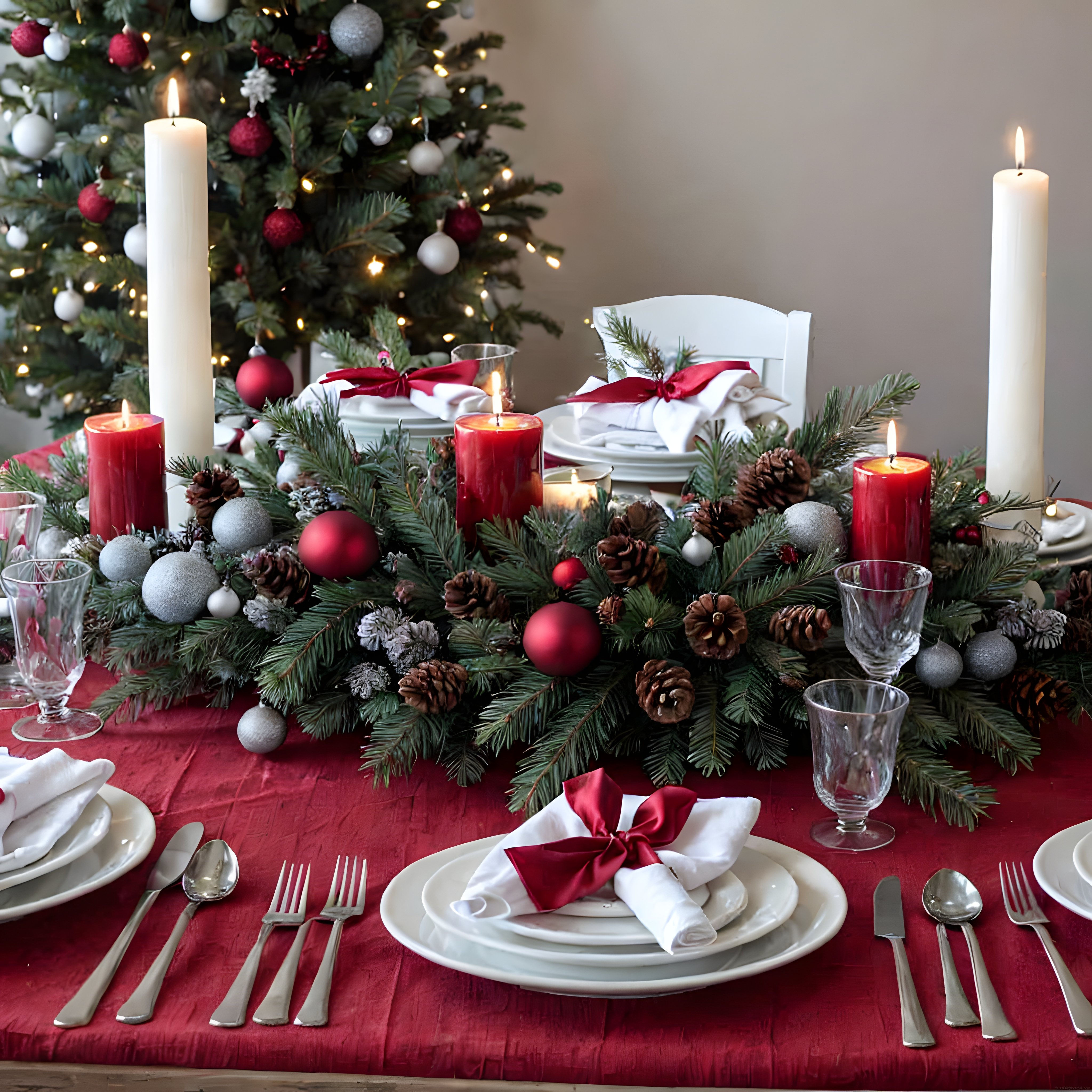 Kırmızı Beyaz Mumlar ve Çam Süslemeli Geleneksel Noel Akşam Yemeği Sofrası