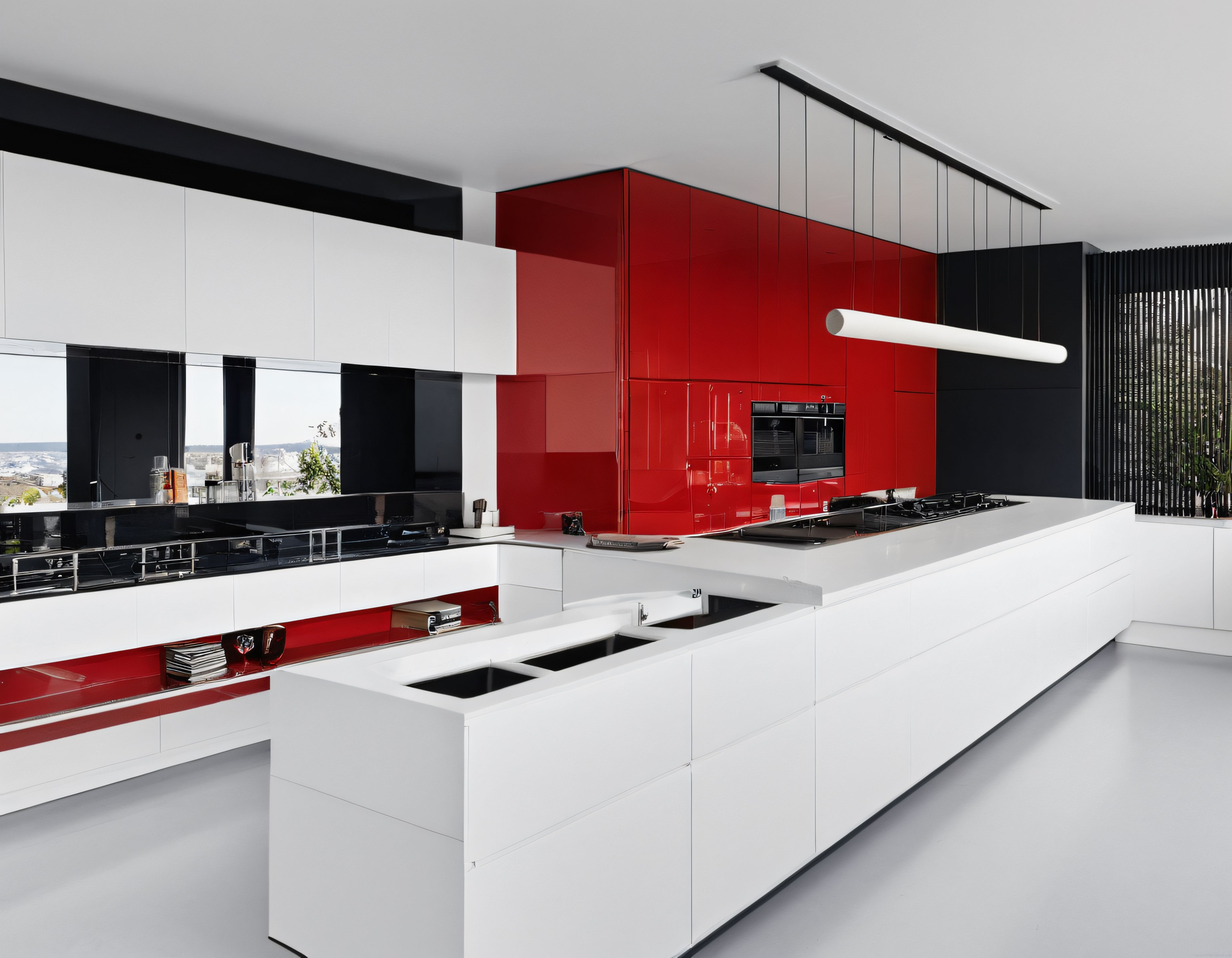Kırmızı Beyaz ve Siyah Detaylarıyla Modern Minimalist Ada Mutfak Tasarımı