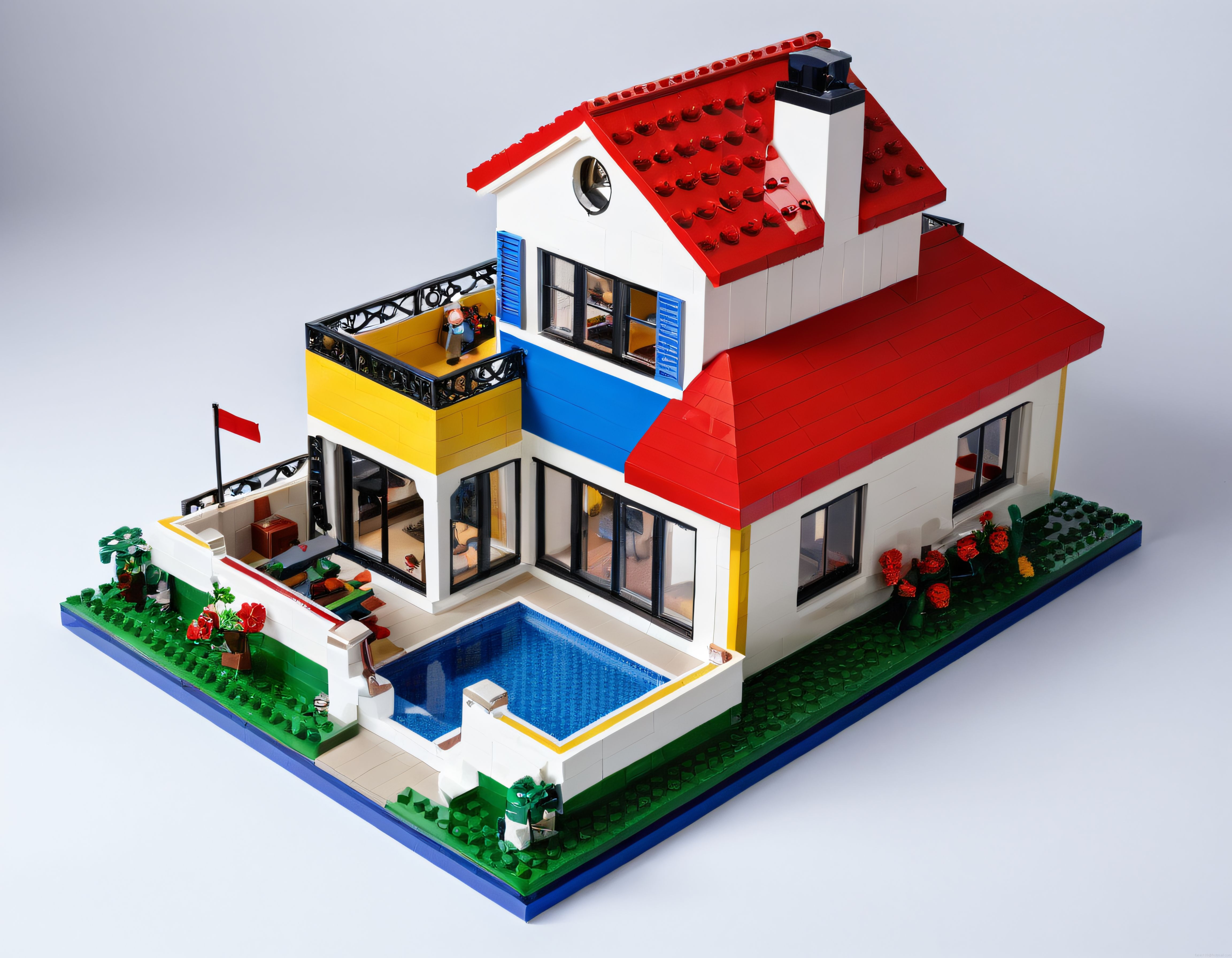 Kırmızı çatılı modern LEGO villa modeli, yüzme havuzu ve bahçe detaylarıyla