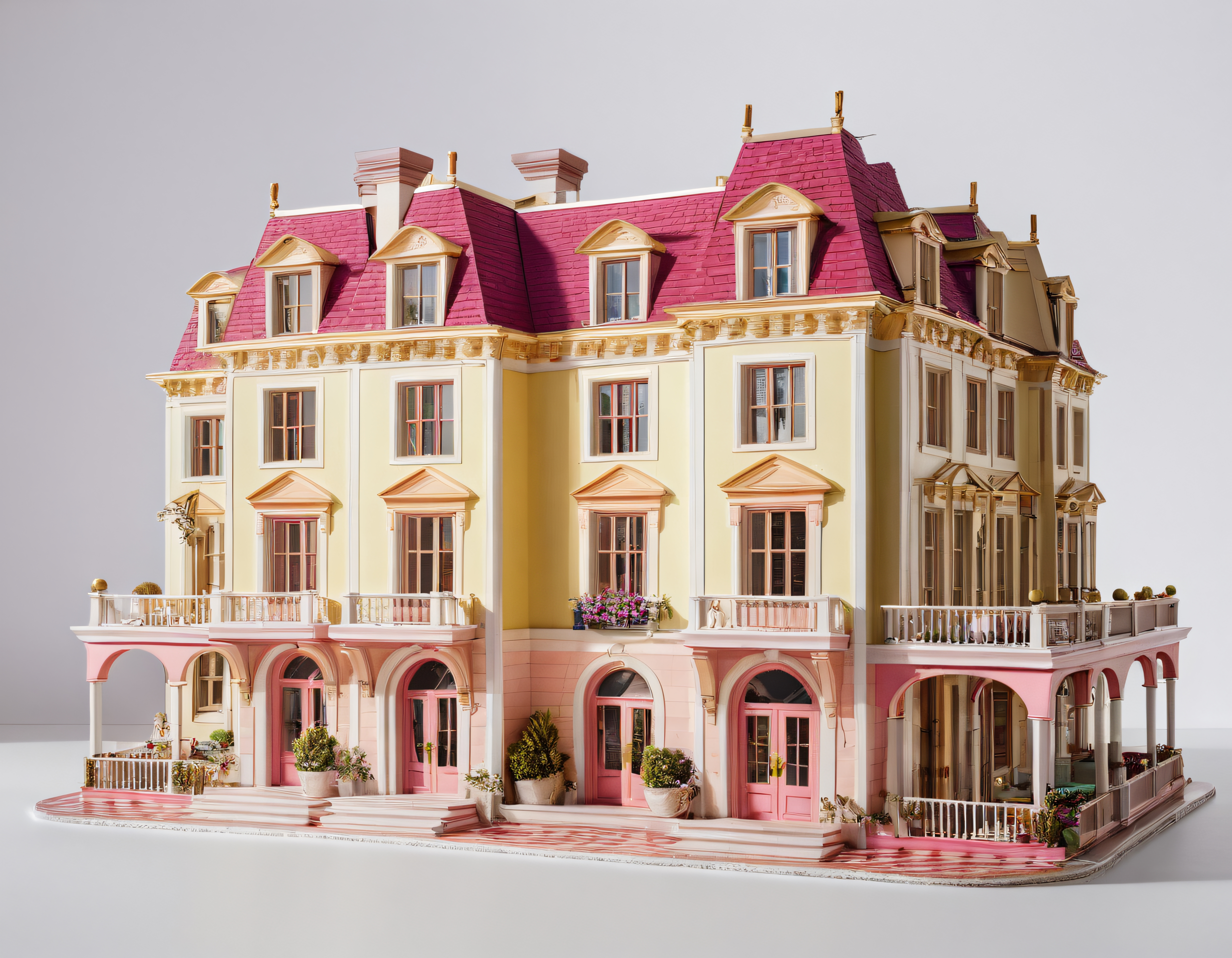 kırmızı çatılı pastel tonlarda detaylı mimari maket konak ve bina tasarımı