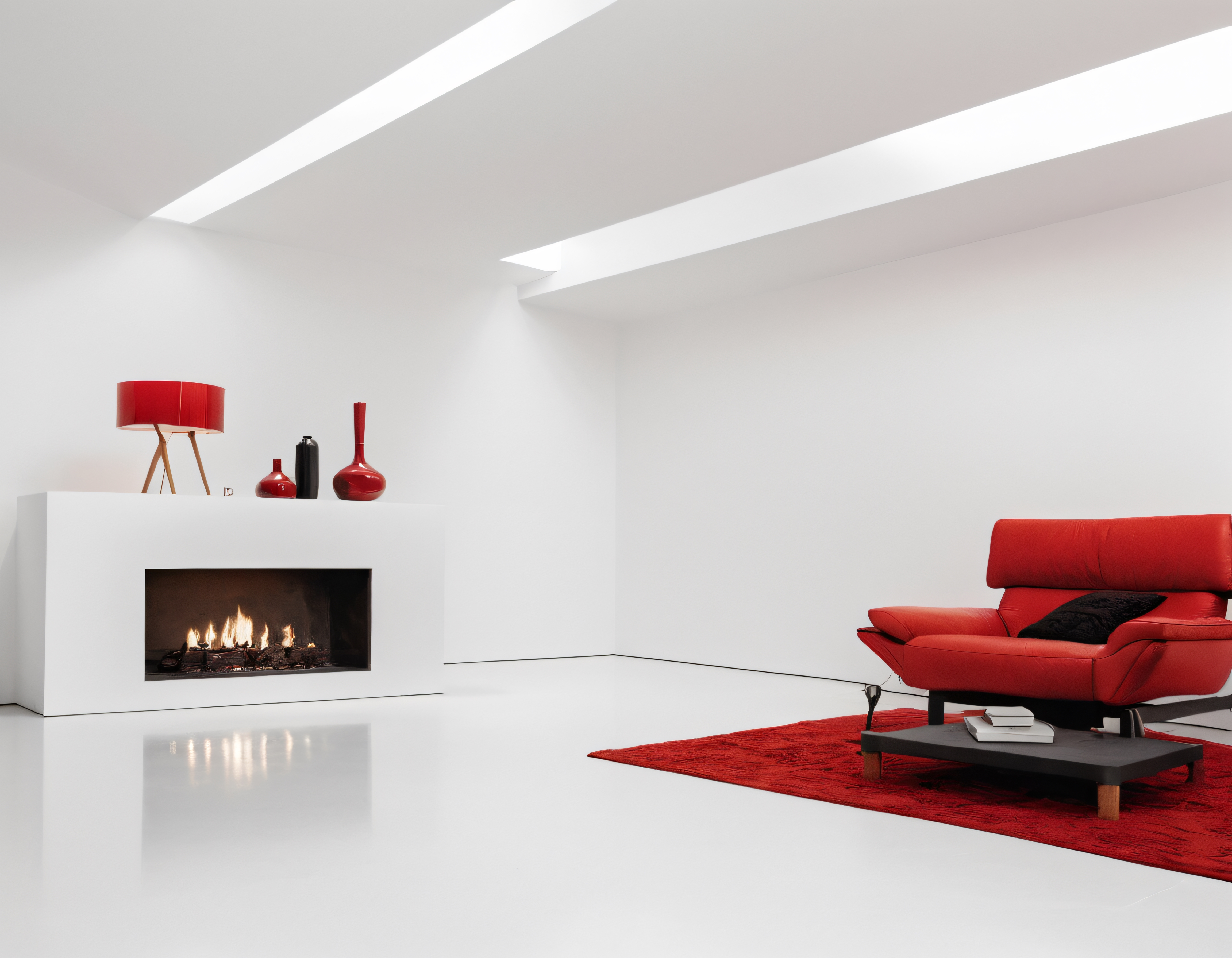 Kırmızı deri koltuklu, şömineli beyaz minimalist oturma odası