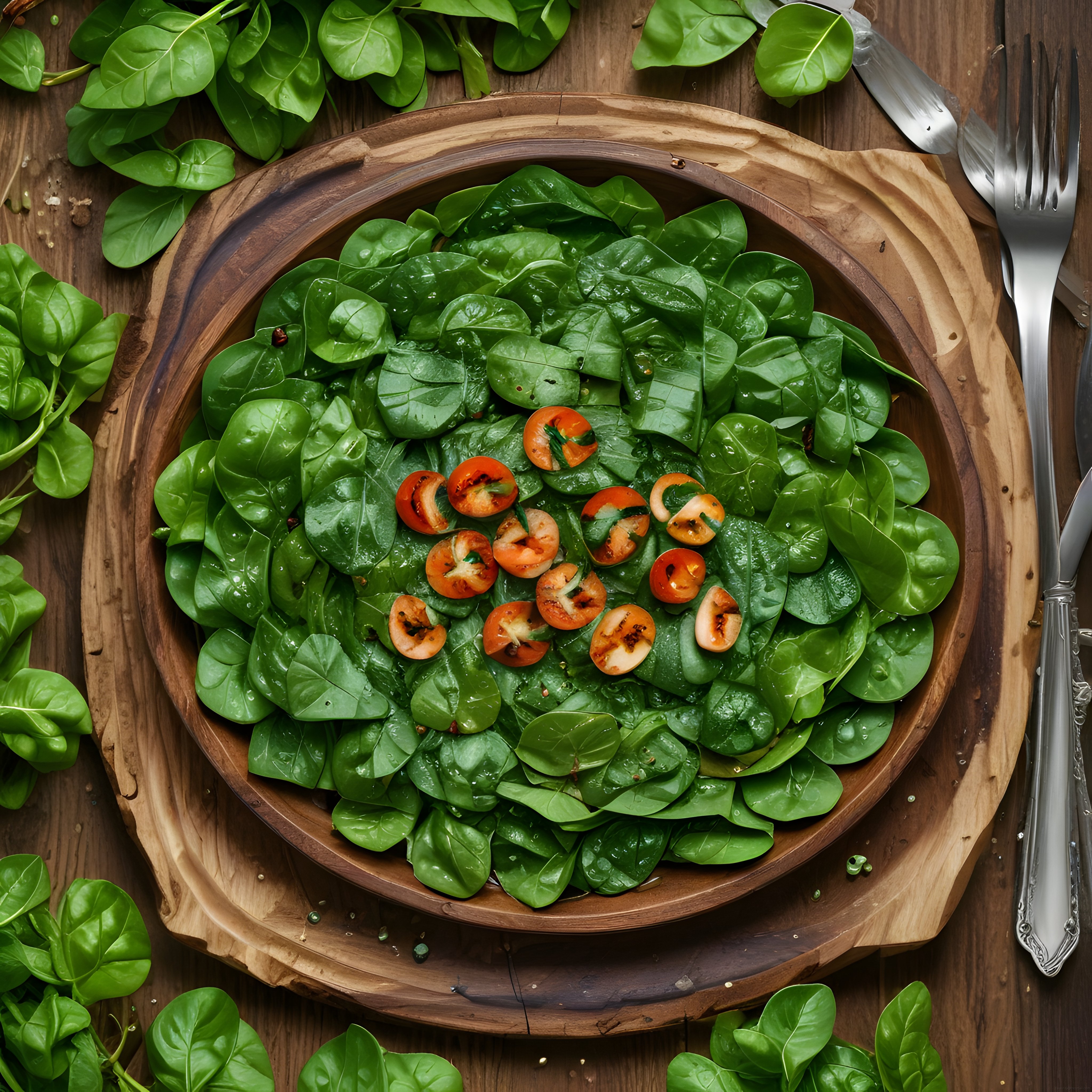 Kırmızı domates dilimli taze ıspanak salatası, ahşap kasede üstten görünüm