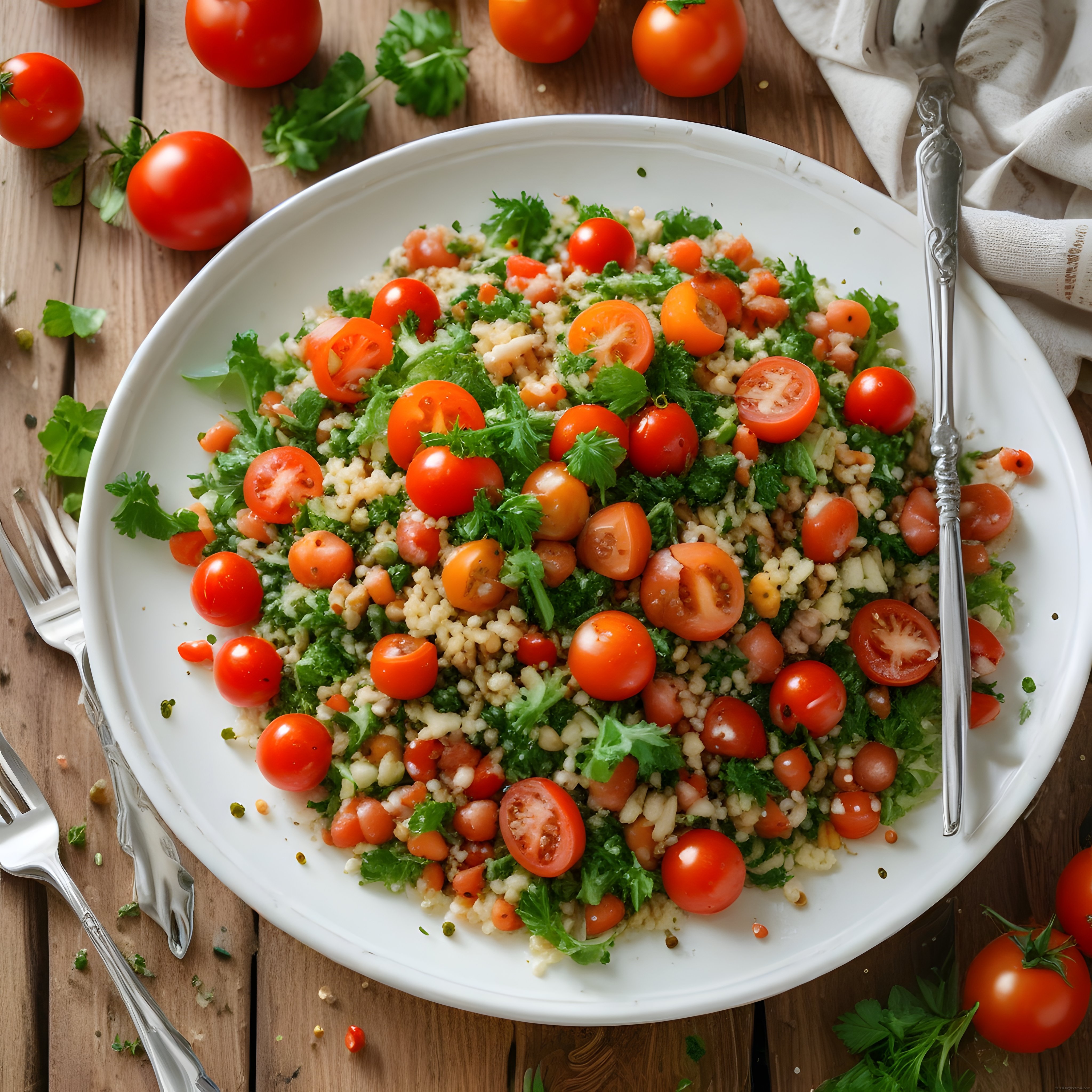 Kırmızı domates ve yeşilliklerle süslenmiş taze bulgur salatası sunumu