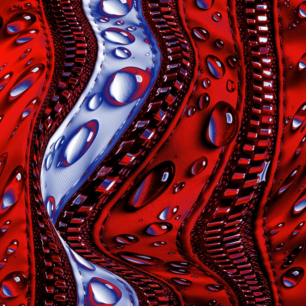 Kırmızı Fermuar ve Kumaş Üzerinde Parlayan Su Damlacıkları Makro Fotoğraf