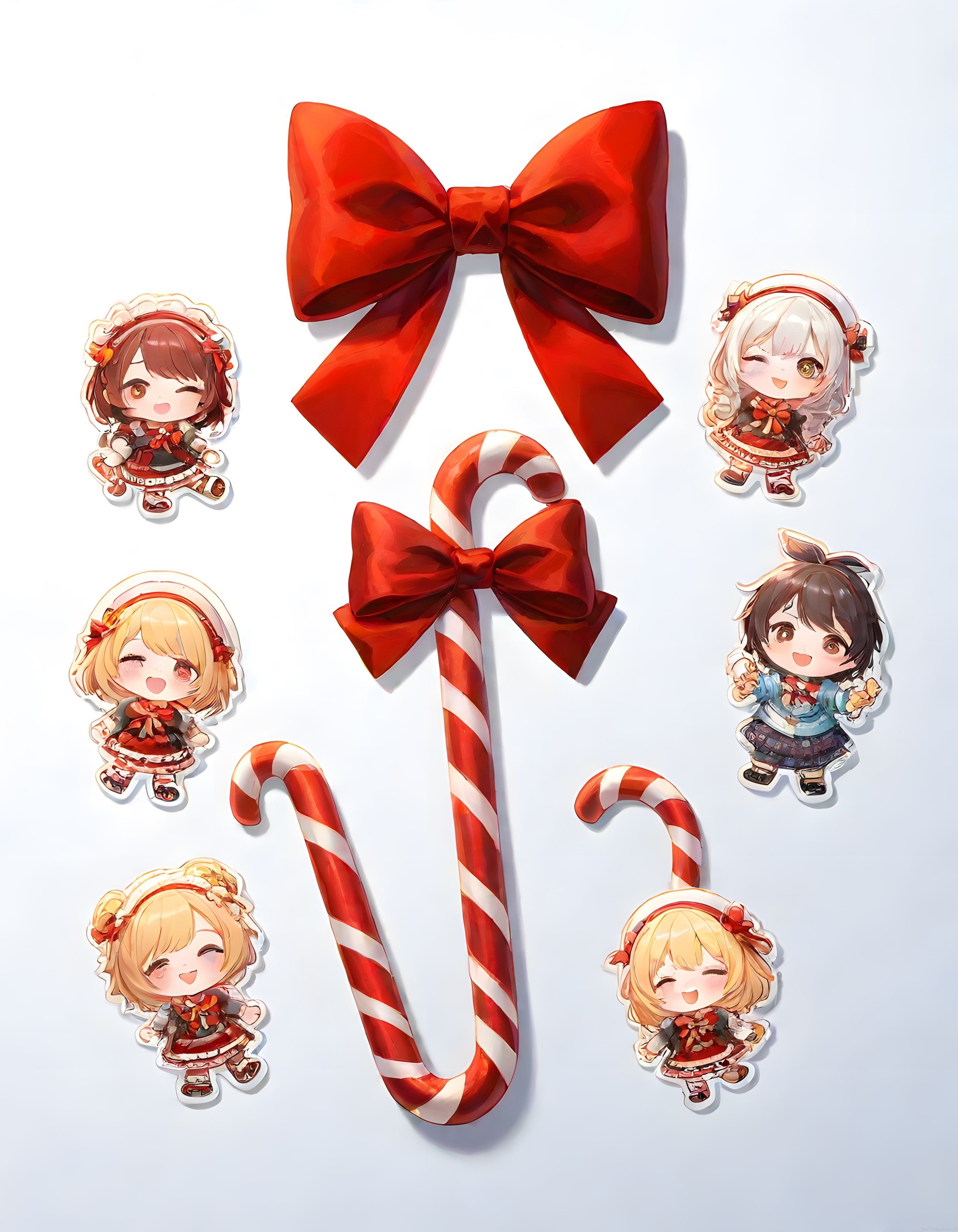 Kırmızı Fiyonk ve Şeker Kamışlı Sevimli Chibi Yılbaşı Sticker Koleksiyonu