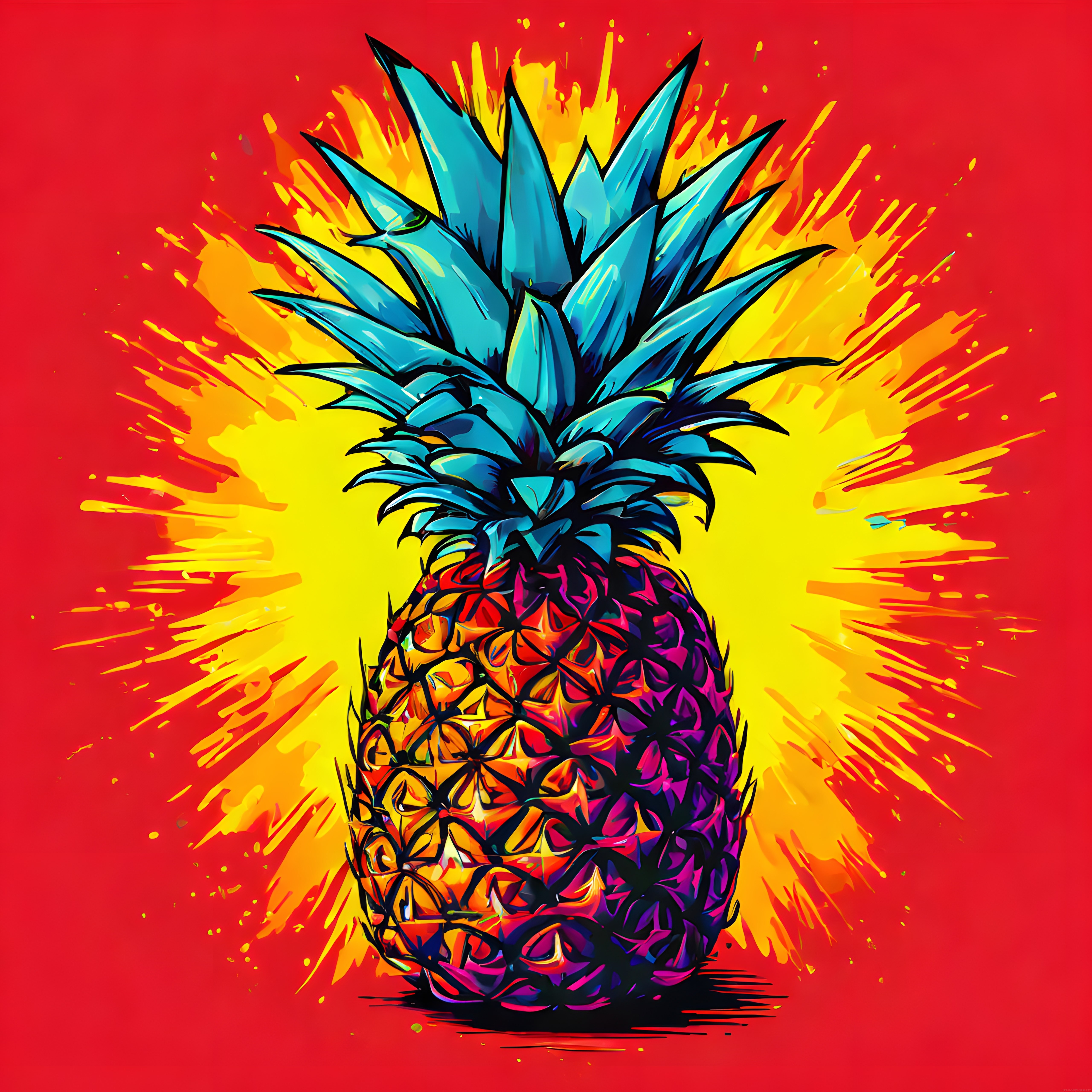 Kırmızı Fon Üzerinde Neon Renkli Pop Art Ananas Dijital Sanat Çalışması